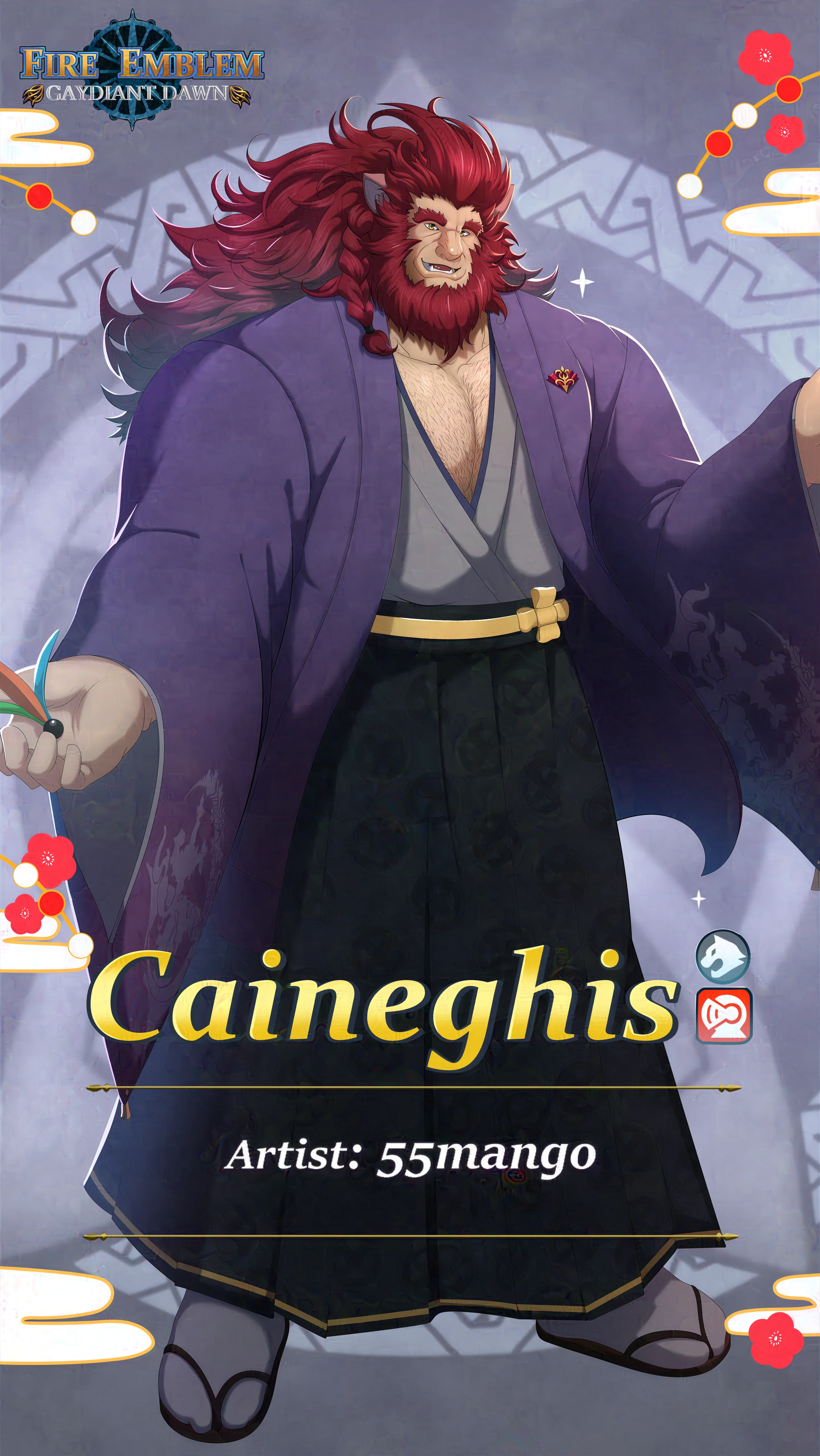 55mango, caineghis (fire emblem), fire emblem, fire emblem: radiant dawn, fire emblem heroes, nintendo, absurdres, commentary, english commentary, highres, 1boy, alternate costume, animal ears, artist name, bara, beard, character name, chest hair, facial hair, hakama, japanese clothes, long hair, lower teeth only, male focus, pectoral cleavage, pectorals, pleated kimono, red hair, sandals, sash, slit pupils, tabi, teeth, yellow eyes
