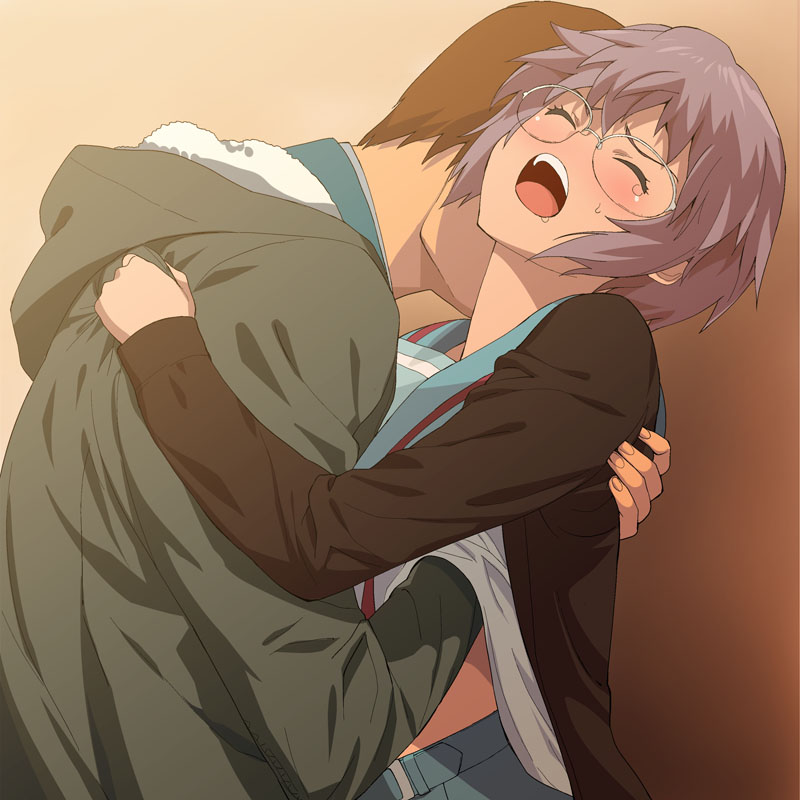 a1 (initial-g), kyon, nagato yuki, suzumiya haruhi no shoushitsu, suzumiya haruhi no yuuutsu, 10s, 1boy, 1girl, blouse, blush, brown hair, cardigan, closed eyes, couple, glasses, groping, hand under clothes, hand under shirt, hetero, orgasm, purple hair, shirt, short hair, white shirt
