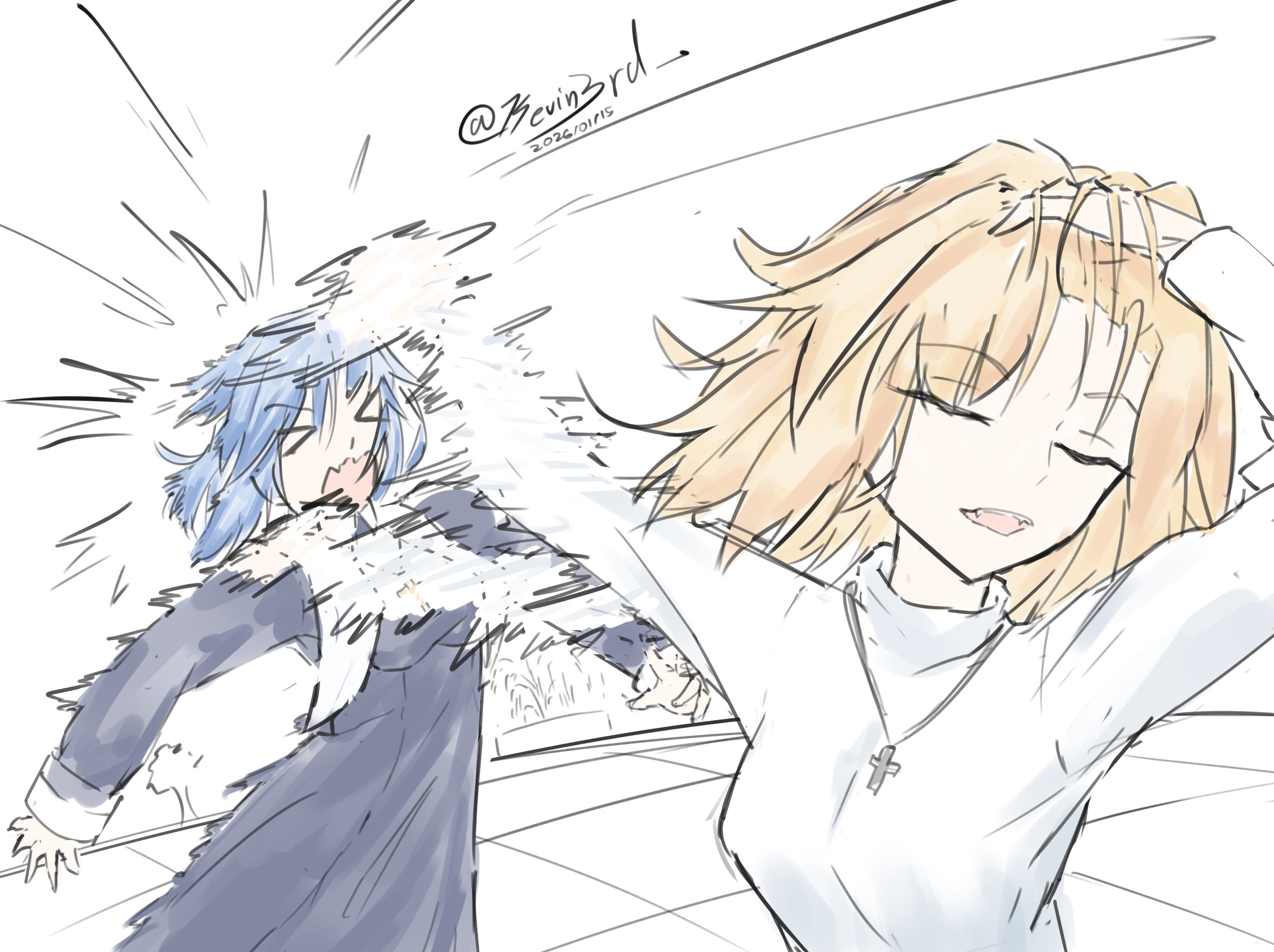 arcueid brunestud, ciel (tsukihime), tsukihime, tsukihime (remake), hashtag-only commentary, highres, 2girls, adjusting hair, arm up, blonde hair, blue eyes, closed eyes, hair between eyes, jewelry, kevin3rd, meme, multiple girls, naoya hitting choso without looking (meme), necklace, nun, rapid punches, short hair, sweater, tunic, turtleneck, turtleneck sweater, white sweater, wing collar