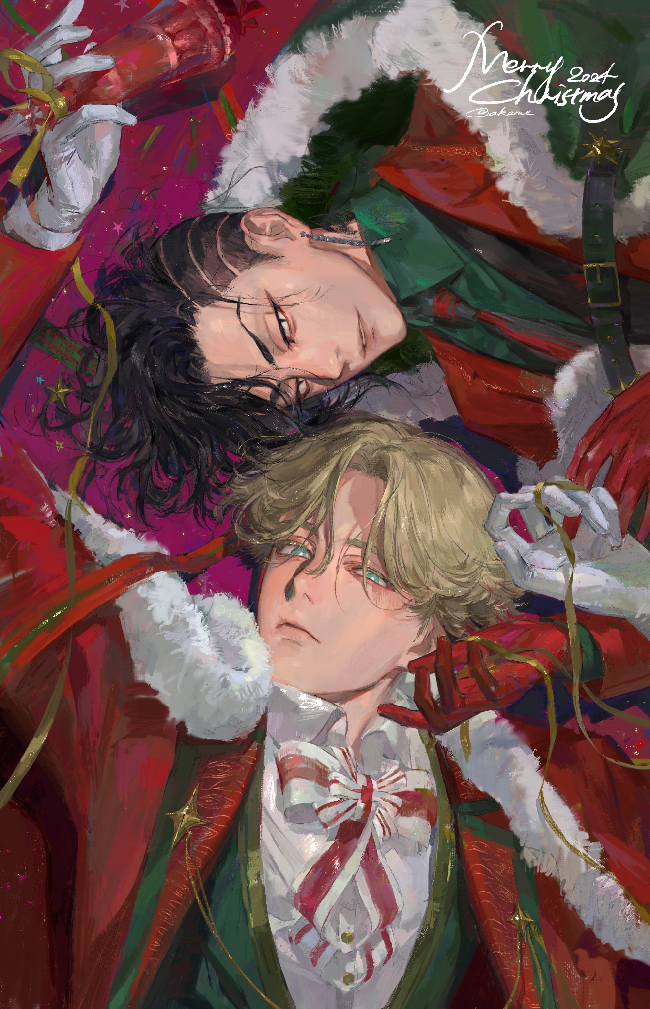 inui seishu, kokonoi hajime, tokyo revengers, commentary request, highres, 2boys, alternate costume, black hair, blonde hair, blue eyes, bow, bowtie, burn scar, cape, closed mouth, collared shirt, curtained hair, earrings, eyeliner, fur-trimmed cape, fur trim, gloves, green cape, green shirt, hachiaka3, jacket, jewelry, looking at viewer, makeup, male focus, multiple boys, necktie, red cape, red gloves, red jacket, scar, scar on face, shirt, short hair, suit jacket, twitter username, undercut, white gloves