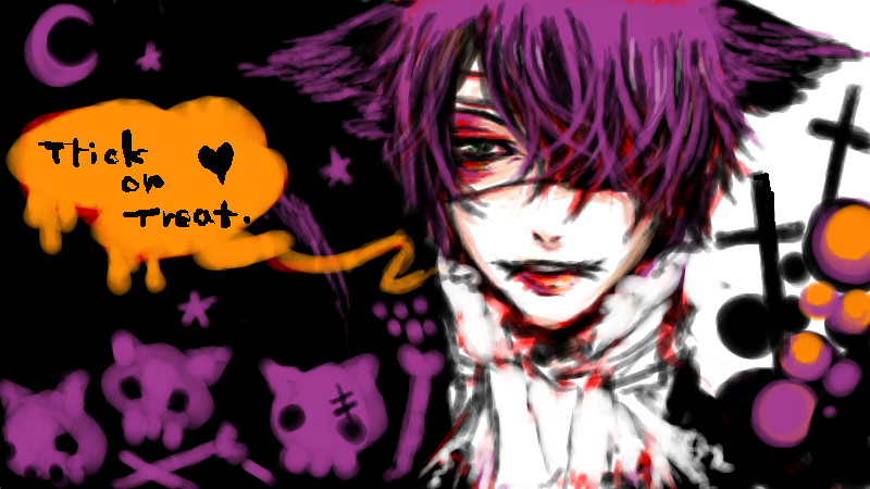 nekomasui, takasugi shinsuke, gintama, bad id, bad pixiv id, 1boy, animal ears, cross, eyepatch, green eyes, halloween, male focus, purple hair, skull and crossbones, solo, trick or treat