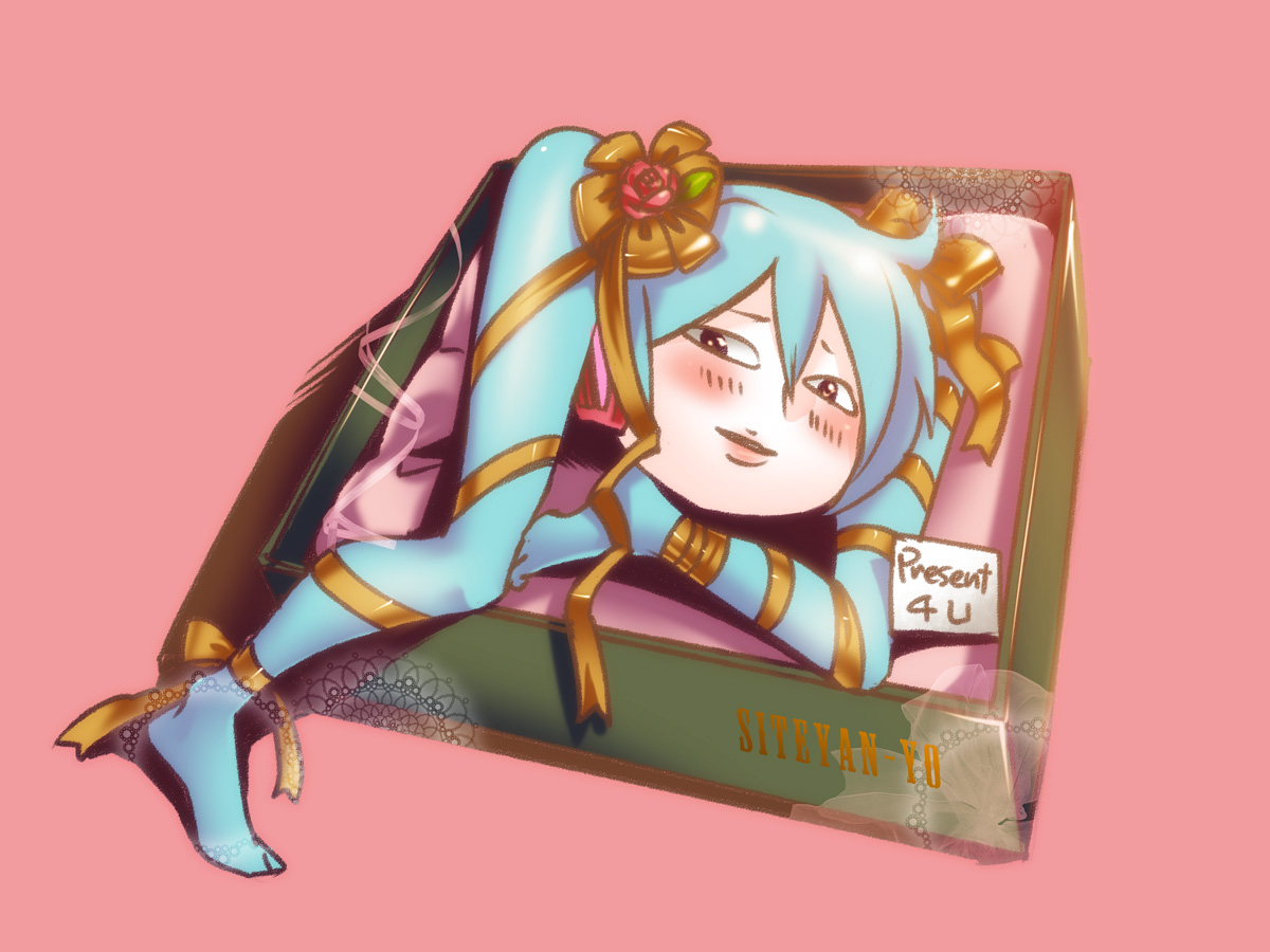caffein, hatsune miku, shiteyan'yo, vocaloid, 1girl, aqua hair, blush, box, female focus, full body, gift, hair ornament, in box, in container, legs, parody, ribbon, smile, solo, twintails