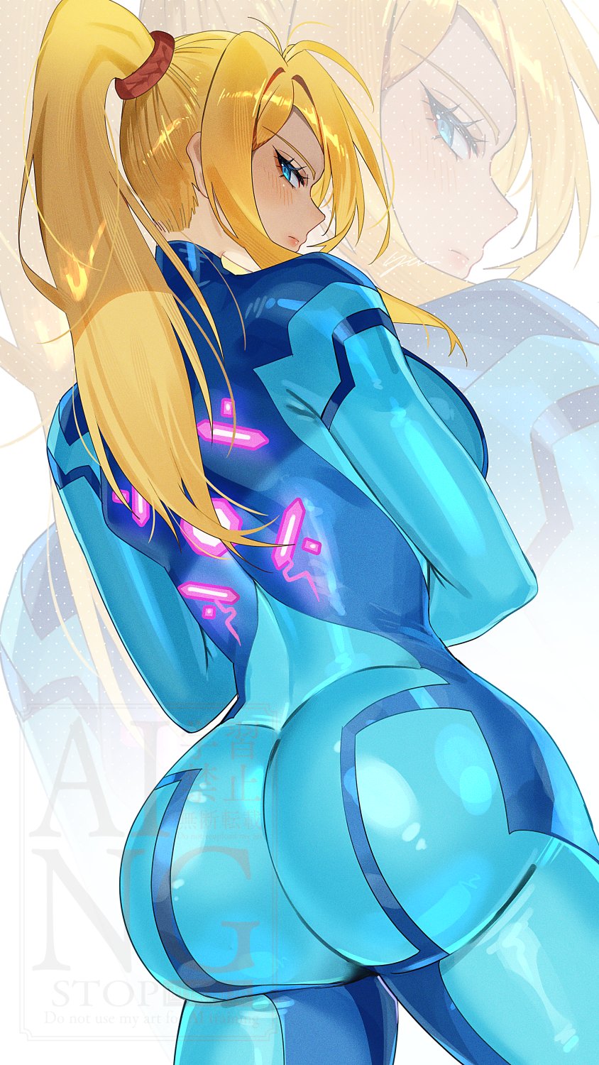 yasaikakiage, samus aran, metroid, nintendo, highres, 1girl, ass, ass focus, back, blonde hair, blue bodysuit, blue eyes, bodysuit, breasts, curvy, huge ass, large breasts, looking back, ponytail, skin tight, solo, standing, tight clothes, zero suit