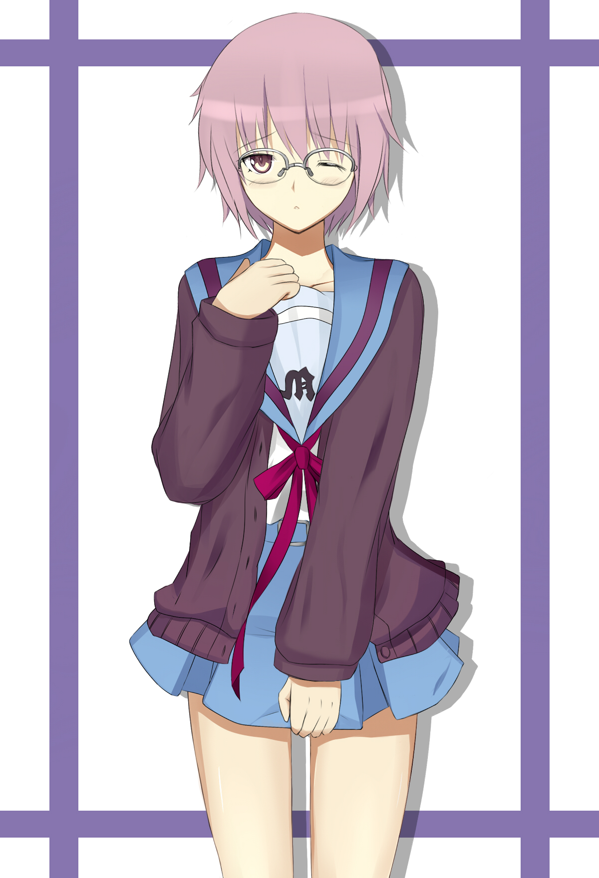nes (sigma), nagato yuki, suzumiya haruhi no shoushitsu, suzumiya haruhi no yuuutsu, bad id, bad pixiv id, highres, 10s, 1girl, cardigan, female focus, glasses, one eye closed, school uniform, serafuku, short hair, solo, wink