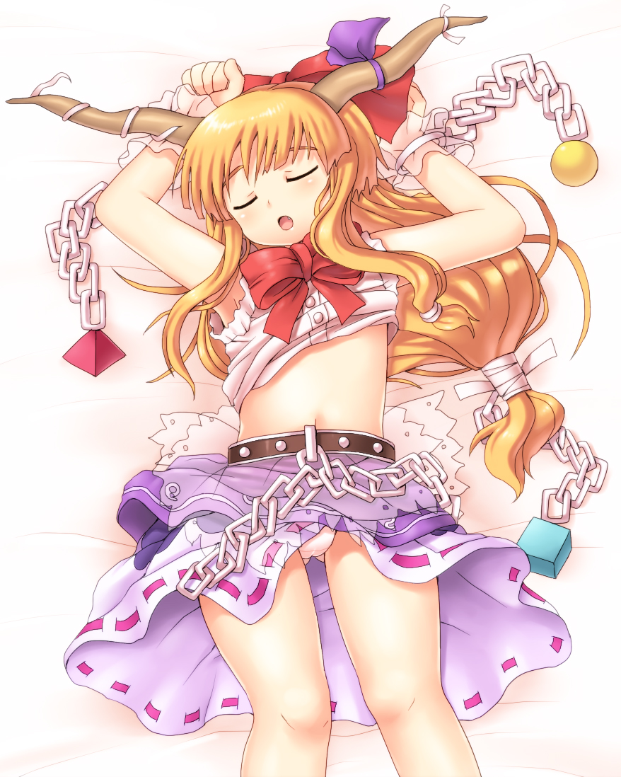 inaho, ibuki suika, touhou, 1girl, arms up, bed, belt, blush, bow, bowtie, chain, closed eyes, clothes lift, female focus, flat chest, from above, hair bow, hair ornament, hair ribbon, horn ornament, horn ribbon, horns, long hair, lying, midriff, navel, no bra, on back, open mouth, orange hair, panties, pantyshot, petite, ponytail, ribbon, see-through clothes, skirt, skirt lift, sleeping, solo, thighs, underwear, upskirt, white panties