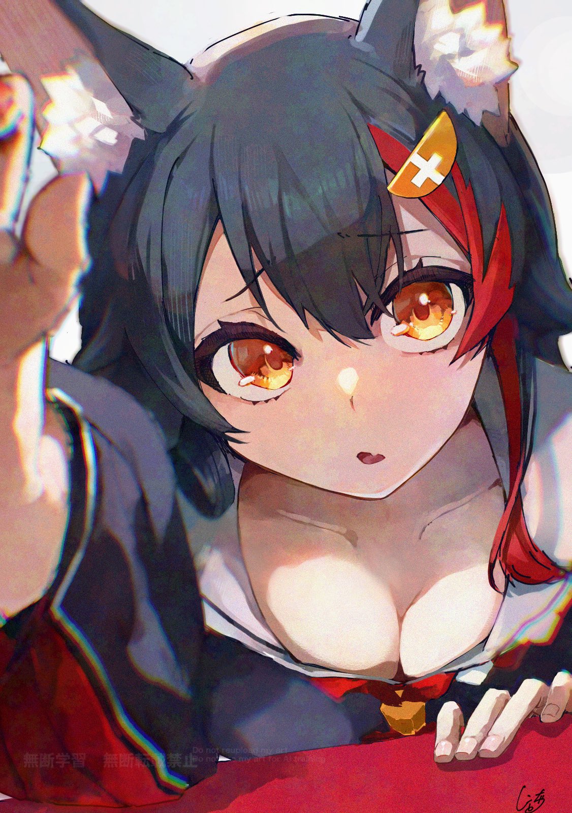 nyucha, ookami mio, ookami mio (1st costume), hololive, adversarial noise, commentary request, highres, 1girl, animal ears, black hair, black shirt, breasts, cleavage, collarbone, double-parted bangs, downblouse, fang, fingernails, hair between eyes, hair ornament, hairclip, long sleeves, looking at viewer, medium breasts, multicolored hair, neckerchief, raised inner eyebrows, reaching, reaching towards viewer, red neckerchief, red streaks, sailor collar, shirt, sidelocks, single hair streak, skin fang, solo, streaked hair, virtual youtuber, white sailor collar, wide sleeves, wolf ears, yellow eyes