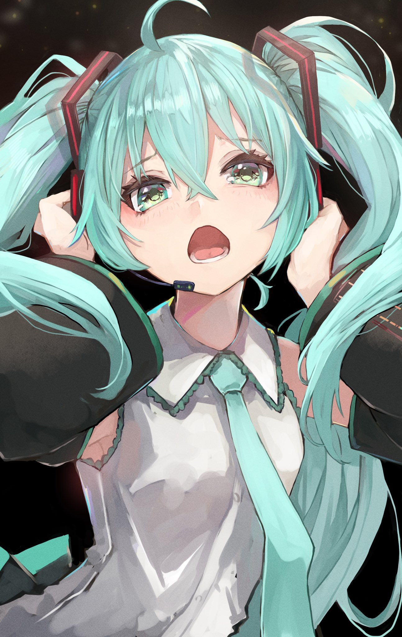 nyucha, hatsune miku, vocaloid, commentary request, highres, making-of available, 1girl, ahoge, aqua eyes, aqua hair, aqua necktie, black skirt, black sleeves, collared shirt, crossed bangs, dark background, detached sleeves, double-parted bangs, faux traditional media, grey shirt, hair behind ear, hands on headphones, hands up, headgear, headphones, headset, impasto, long hair, long sleeves, looking at viewer, miniskirt, necktie, open mouth, pleated skirt, shirt, skirt, sleeveless, sleeveless shirt, solo, twintails, upper body, very long hair, wide sleeves