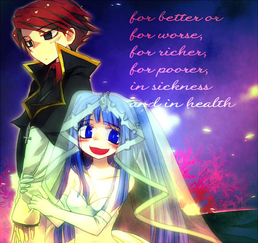 hanui, furudo erika, ushiromiya battler, dawn of the golden witch, umineko no naku koro ni, bad id, bad pixiv id, 1boy, 1girl, blue eyes, blue hair, blush, breasts, cape, cleavage, dress, english text, expressionless, fang, gloves, red hair, short hair, small breasts, smile, twintails, wedding dress