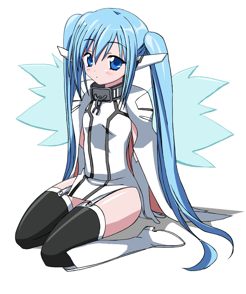 tanaka hitoriaruki, nymph (sora no otoshimono), sora no otoshimono, 1girl, bdsm, black thighhighs, bondage, boots, bound, chain, collar, female focus, garter straps, gloves, robot ears, slave, solo, thighhighs, twintails, wings