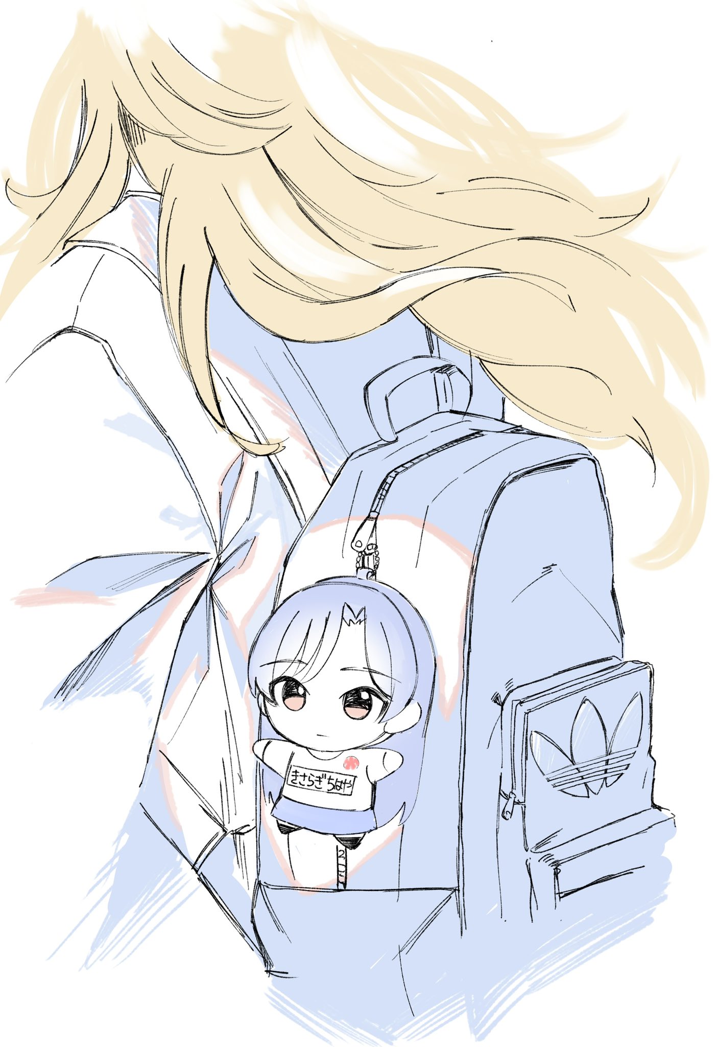 anjerain, hoshii miki, kisaragi chihaya, adidas, idolmaster, idolmaster (classic), commentary request, highres, translation request, 1girl, backpack, bag, bag charm, blonde hair, character doll, charm (object), doll, long hair, partially colored, solo