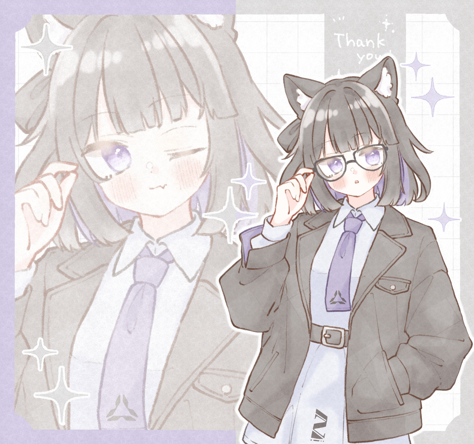 indie virtual youtuber, commentary, english commentary, highres, second-party source, 1girl, :o, adjusting eyewear, animal ear fluff, animal ears, belt, blunt bangs, blush, border, brown belt, brown hair, brown jacket, brown ribbon, cat ears, cat girl, closed mouth, cowboy shot, different zoom layer, english text, fang, glasses, gradient border, grey background, grey border, grid background, hair intakes, hair ribbon, hand in pocket, jacket, long sleeves, looking at viewer, mashiro v 046, medium hair, necktie, no eyewear, one eye closed, open mouth, puffy long sleeves, puffy sleeves, purple border, purple eyes, purple necktie, ribbon, shirt, simple background, skin fang, skirt, smile, sparkle, virtual youtuber, white background, white shirt, white skirt