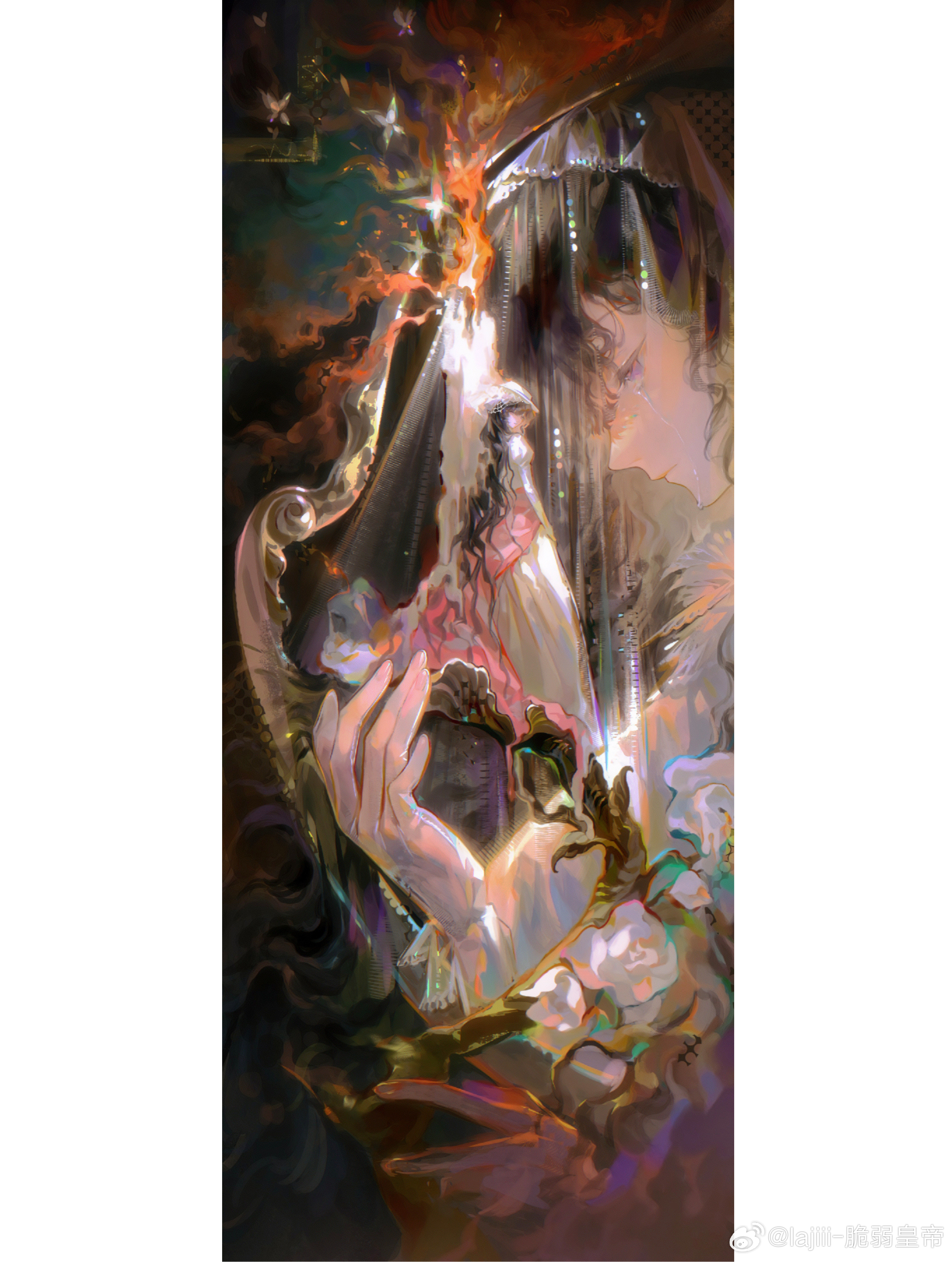 zajiii (zajiii gaoao), reverse:1999, absurdres, chinese commentary, commentary request, highres, 2girls, black hair, clone, crying, crying with eyes open, dark background, dress, fire, hat, head down, juliet sleeves, long dress, long hair, long sleeves, mini person, minigirl, multiple girls, pillarboxed, profile, puffy sleeves, purple eyes, see-through clothes, see-through veil, streaming tears, tears, upper body, veil, watermark, weibo watermark, white dress, white hat