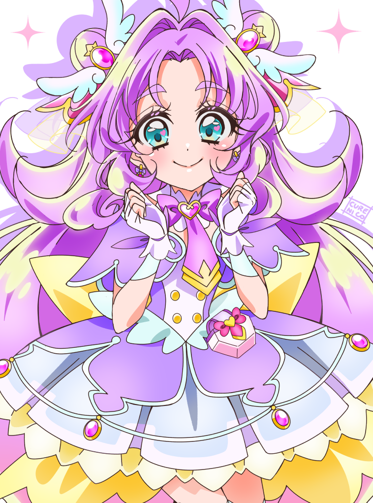 cure nico, meitantei precure!, precure, commentary request, 1girl, ahoge, akechi anna, back bow, blue eyes, blush, bow, brooch, buttons, closed mouth, colored shadow, cowboy shot, cure answer, dot nose, double-breasted, double bun, dress, earrings, fingerless gloves, gloves, hair bun, hair flaps, hair intakes, hair ornament, heart, heart brooch, heart in eye, jewelry, layered dress, legs together, long hair, looking at viewer, magical girl, pact holder, purple bow, purple dress, purple gloves, purple hair, purple theme, shadow, sidelocks, signature, simple background, smile, solo, standing, symbol in eye, thick eyebrows, white background, yellow bow