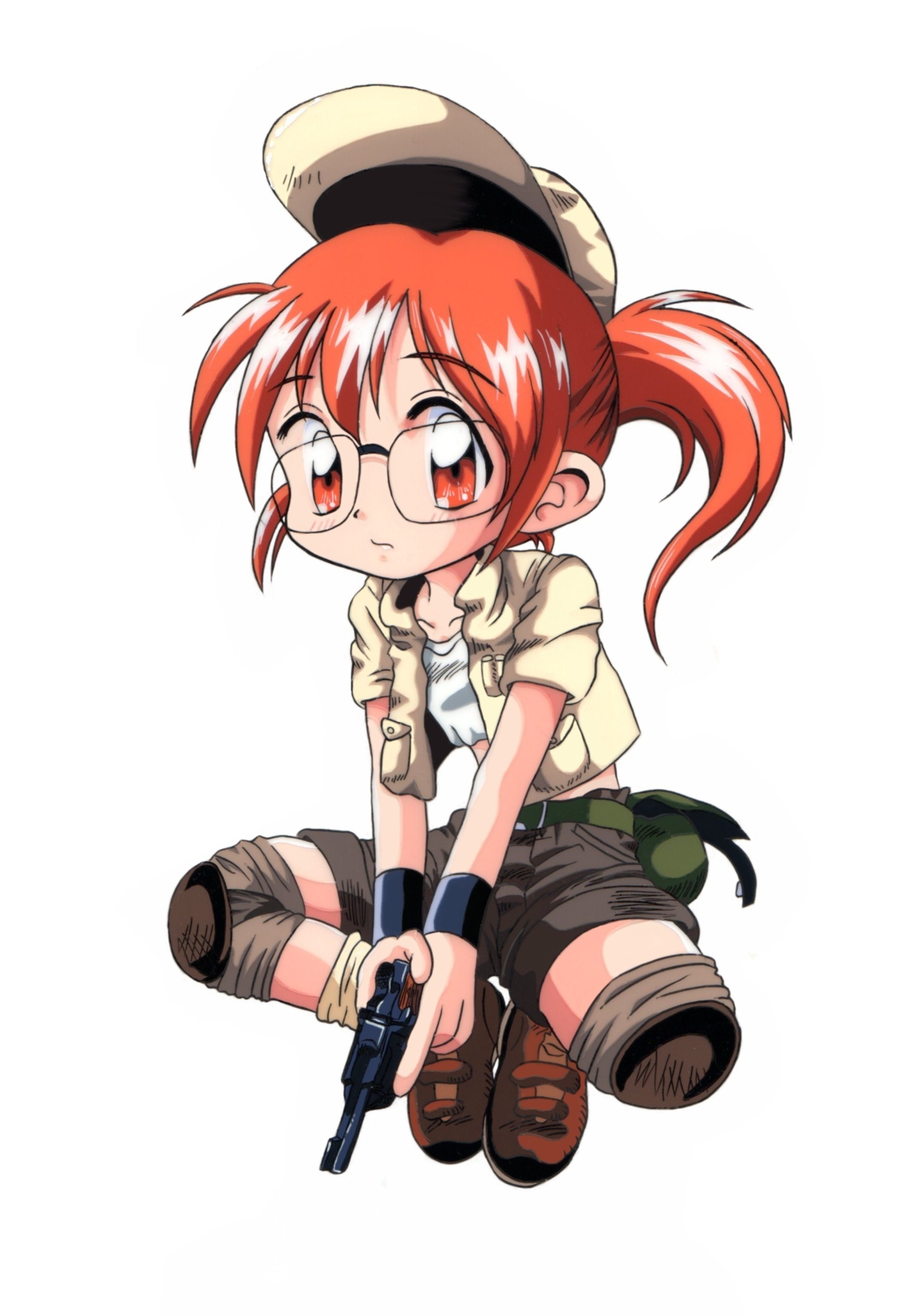 beretta (kokoaka), fio germi, metal slug, absurdres, highres, 1girl, brown eyes, brown hair, chibi, female focus, glasses, gun, handgun, hat, jacket, knee pads, long hair, midriff, ponytail, shoes, short shorts, shorts, socks, solo, weapon