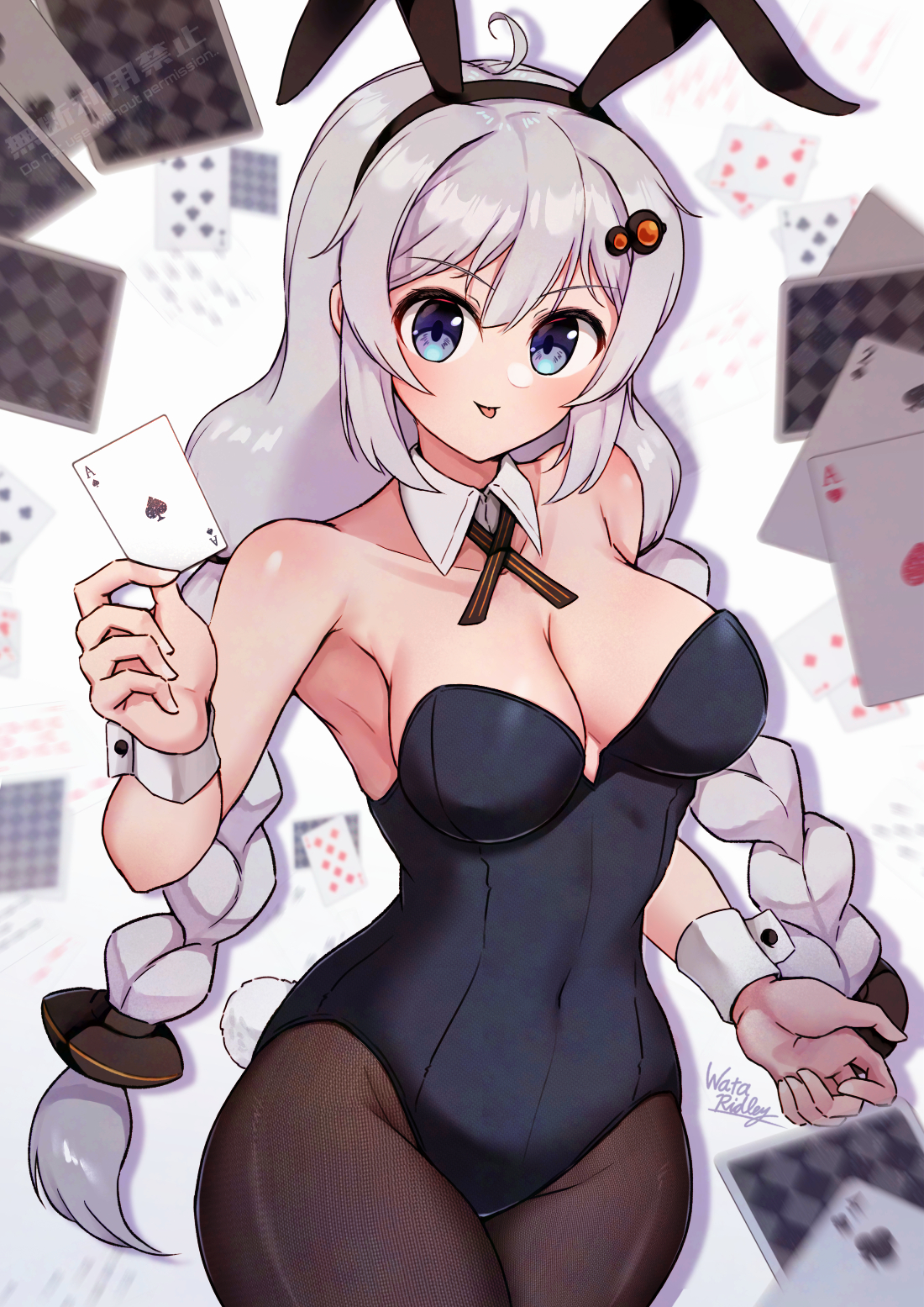 wakaba (wata ridley), kizuna akari, voiceroid, commentary request, hair ornament request, highres, 1girl, :p, ace (playing card), ace of spades, ahoge, animal ear hairband, animal ears, black leotard, blue eyes, blurry, braid, braided twintails, breasts, brown pantyhose, brown ribbon, card, closed mouth, collar, cowboy shot, depth of field, double-parted bangs, fake animal ears, grey hair, hair between eyes, hairband, holding, holding card, large breasts, leotard, long hair, looking at viewer, neck ribbon, pantyhose, playboy bunny, playing card, rabbit ears, ribbon, signature, simple background, smile, solo, spade (shape), strapless, strapless leotard, tongue, tongue out, white background, white collar, white wrist cuffs, wrist cuffs