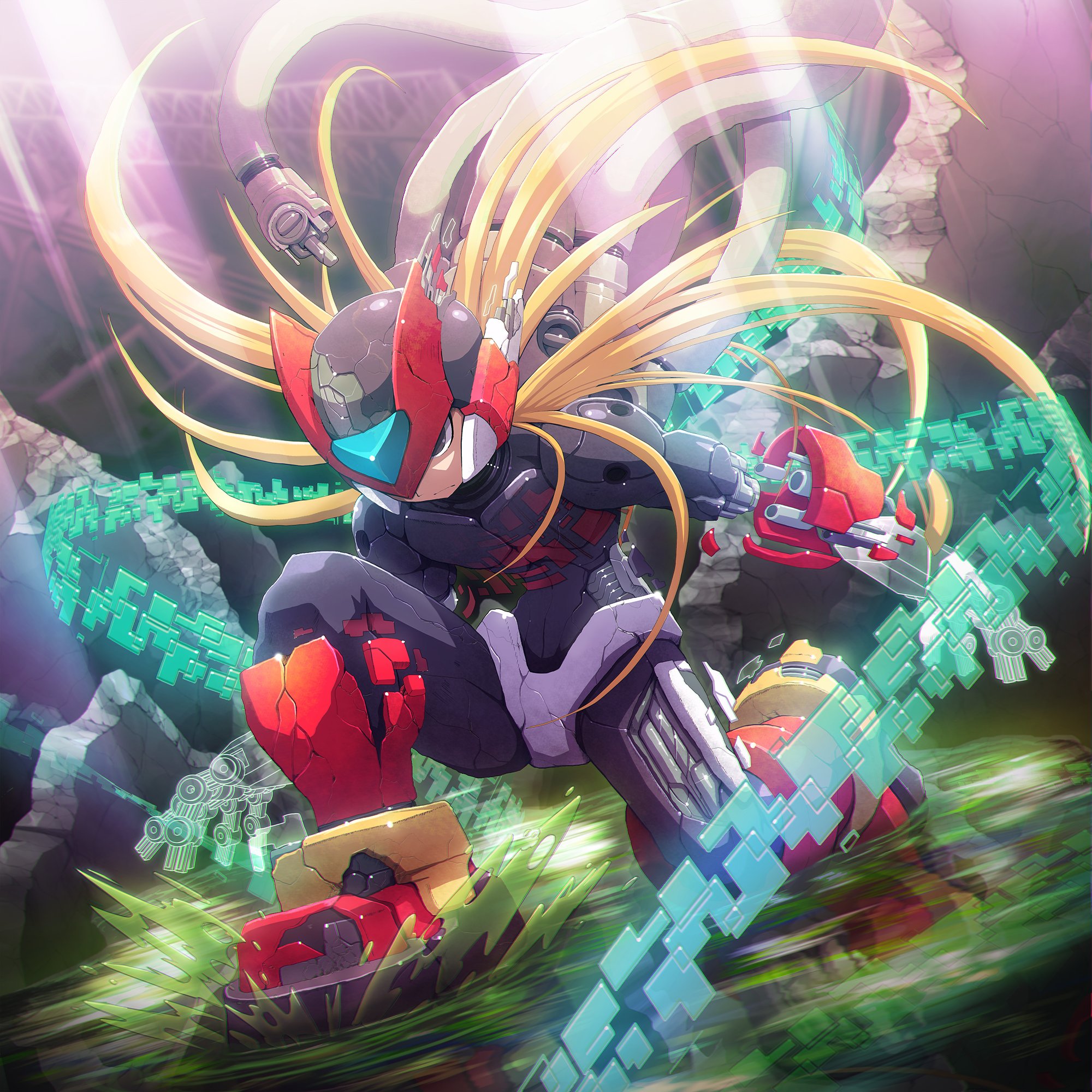 ultimatemaverickx, zero(z) (mega man), zero (mega man), mega man (series), mega man zero (series), mega man zero 1, commentary, english commentary, highres, tagme, 1boy, android, black eyes, blonde hair, boots, damaged, forehead jewel, full body, helmet, kneeling, long hair, male focus, materializing, mechanical arms, red boots, red helmet, ruins, solo, wire