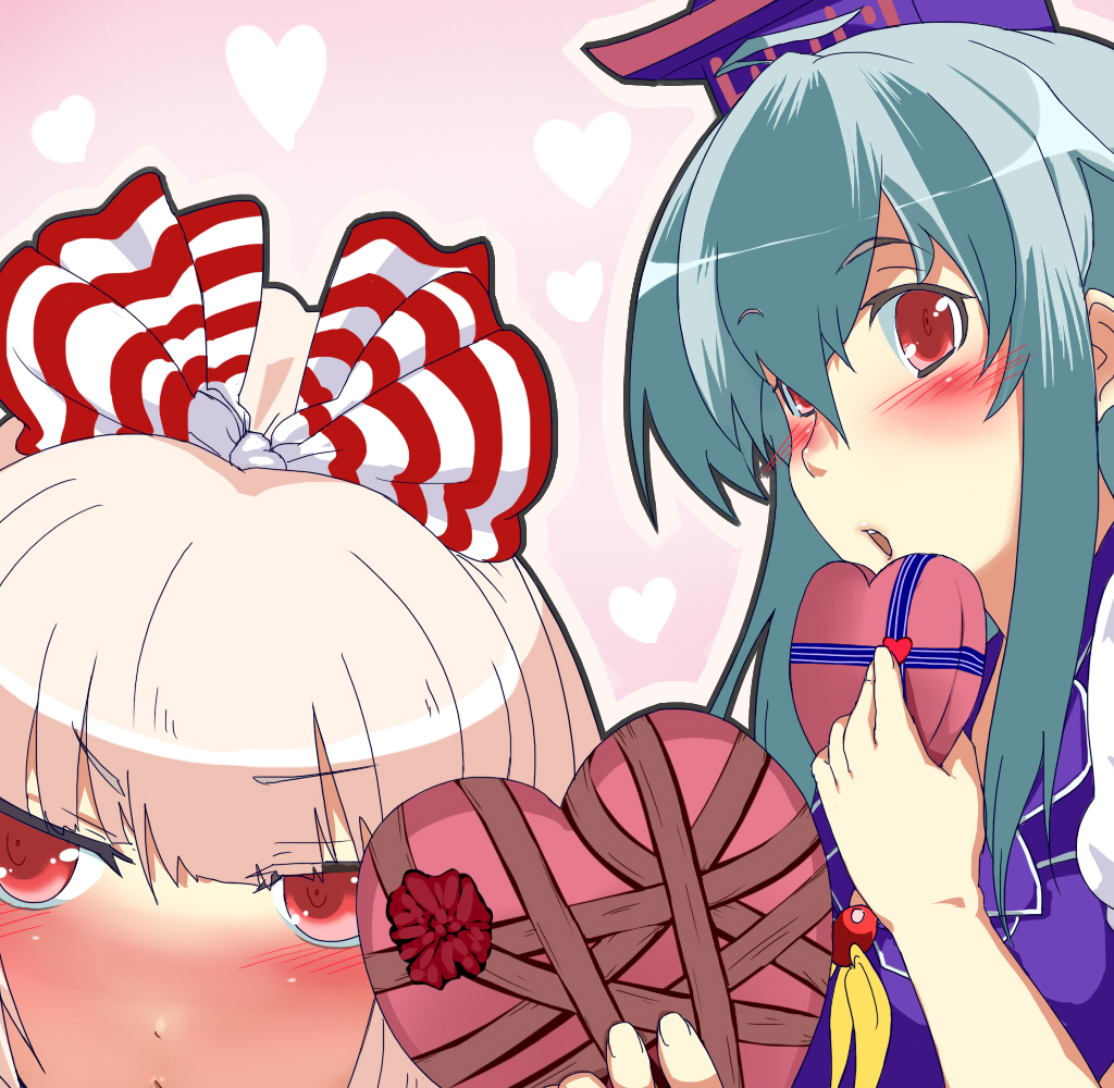 loggy, fujiwara no mokou, kamishirasawa keine, touhou, silver hair, 2girls, blue hair, blush, bow, female focus, hair bow, hair ribbon, hat, long hair, multiple girls, red eyes, ribbon, valentine