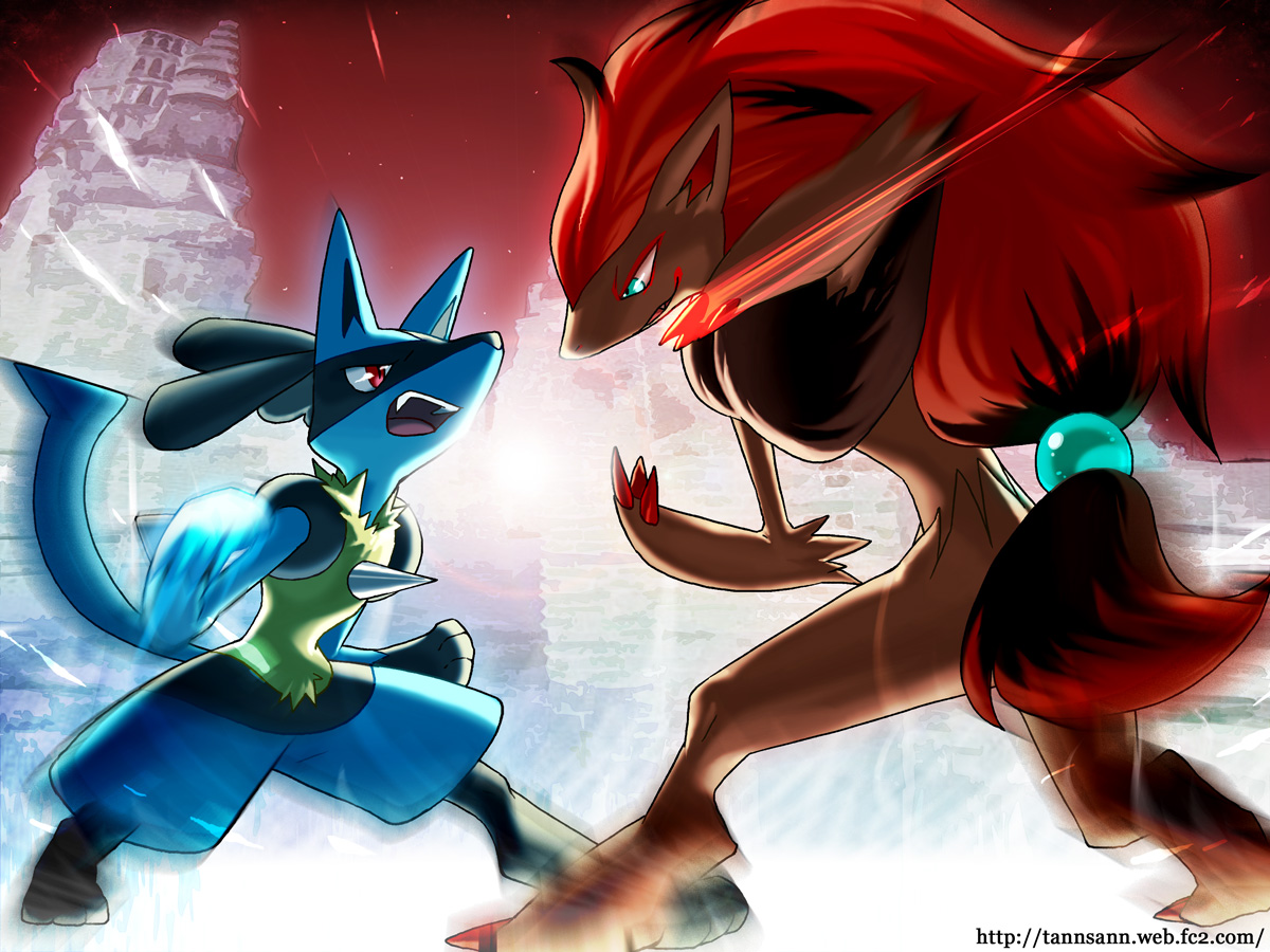 abe (f!mixture), lucario, zoroark, nintendo, pokemon, pokemon bw, bad id, bad pixiv id, 10s, animal, battle, epic, furry, gen 4 pokemon, gen 5 pokemon, hair ornament, motion lines, pokemon (creature), speed lines, sphere hair ornament