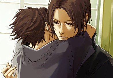 lily (artist), uchiha itachi, uchiha sasuke, naruto (classic), naruto (series), brother, lowres, 2boys, black hair, black shirt, blouse, brothers, eyelashes, family, frown, grey shirt, hug, male focus, multiple boys, parted bangs, shirt, siblings