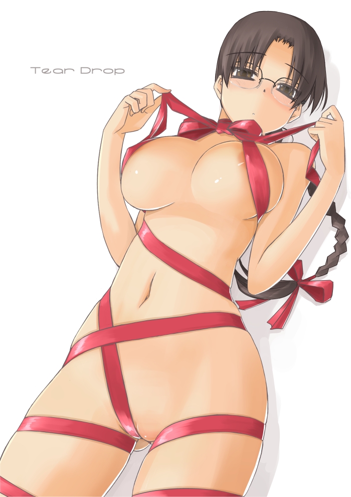 tsuina, hoshina tomoko, to heart, to heart (series), 1girl, braid, breasts, brown eyes, brown hair, cleft of venus, cowboy shot, female focus, glasses, long hair, naked ribbon, nude, pussy, ribbon, single braid, solo, uncensored