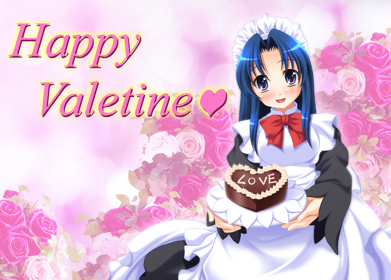yuunagi kanade, kawashima ami, toradora!, bad id, bad pixiv id, 1girl, blue hair, cake, female focus, food, happy valentine, heart, heart-shaped cake, heart-shaped food, long hair, maid, pastry, plate, purple eyes, solo, typo, valentine