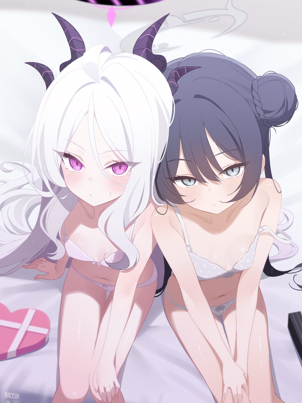 deyui, hina (blue archive), kisaki (blue archive), blue archive, commentary request, duplicate, highres, 2girls, ahoge, bed sheet, black hair, box, bra, braid, breasts, bun with braided base, closed mouth, demon girl, demon horns, double bun, grey bra, grey eyes, grey panties, hair bun, halo, hand on own knee, heads together, heart-shaped box, horns, long hair, looking at viewer, multiple girls, navel, panties, polka dot, polka dot bra, polka dot panties, sidelocks, sitting, slit pupils, small breasts, stomach, striped bra, striped clothes, striped panties, thigh gap, twintails, underwear, underwear only, very long hair, white hair