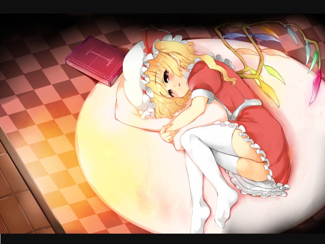 toichi, flandre scarlet, touhou, bad id, bad pixiv id, 1girl, ass, blonde hair, blush, book, checkered floor, female focus, floor, hat, hugging object, lying, on side, pillow, pillow hug, ponytail, red eyes, short hair, short hair with long locks, side ponytail, solo, thighhighs, white thighhighs, wings