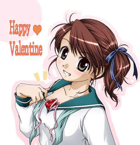 untied, lowres, 1girl, between breasts, blush, breasts, female focus, grin, hair ribbon, happy valentine, heart, ribbon, school uniform, serafuku, side ponytail, smile, solo, valentine