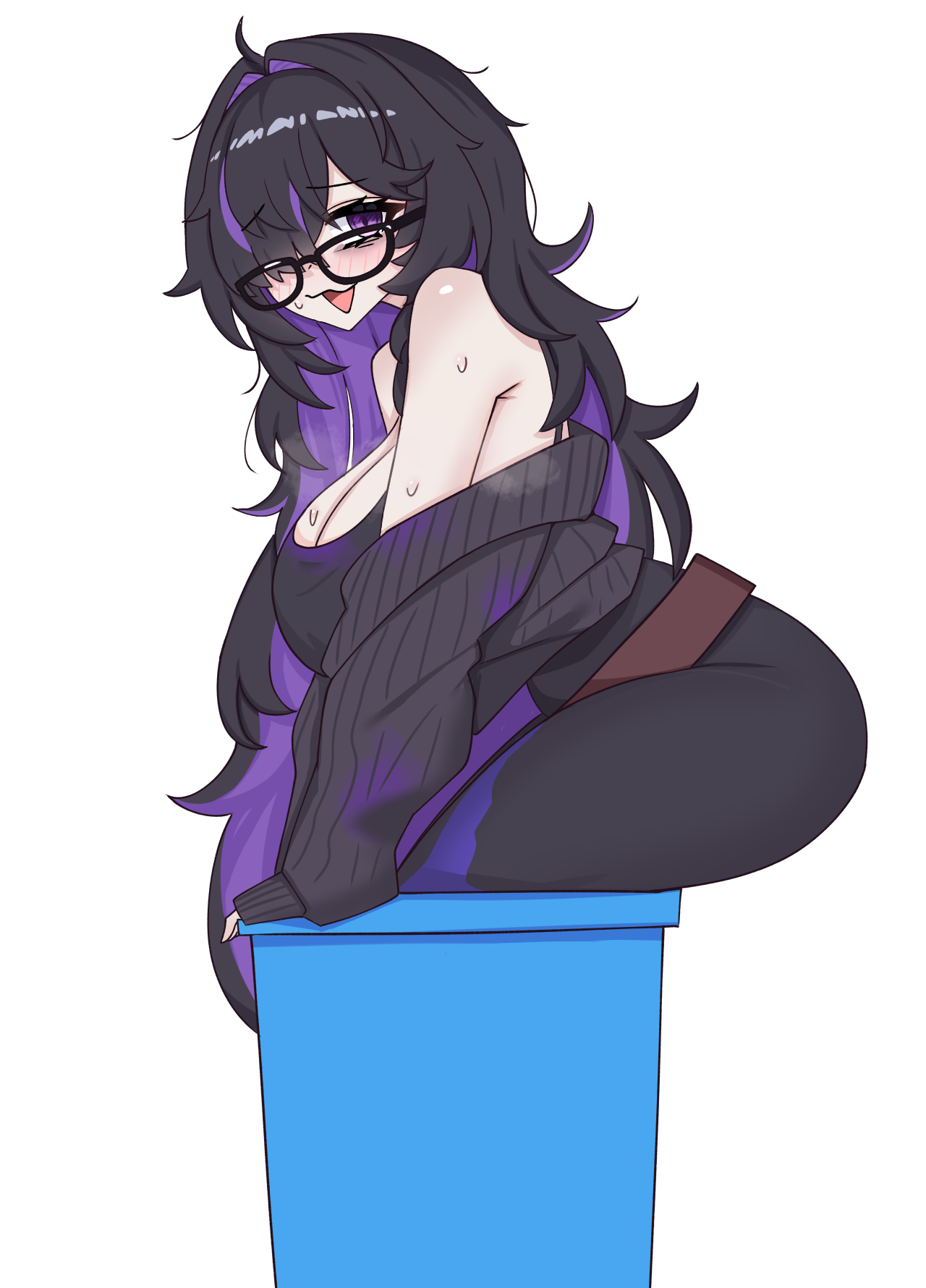 tengt e, label (nikke), goddess of victory: nikke, commentary request, highres, korean commentary, 1girl, armpit crease, bare shoulders, belt, black-framed eyewear, black cardigan, black dress, black hair, blush, breasts, brown belt, cardigan, cleavage, colored inner hair, dress, from side, glasses, hair intakes, hair over one eye, huge breasts, in container, in trash can, long hair, looking at viewer, looking over eyewear, loose belt, low neckline, messy hair, mojyo, mole, mole on breast, multicolored hair, off shoulder, open cardigan, open clothes, open mouth, paint on clothes, pale skin, parted bangs, purple eyes, purple hair, simple background, sleeveless, sleeveless dress, sleeves past wrists, solo, steaming body, sweat, trash can, two-tone hair, very long hair, white background