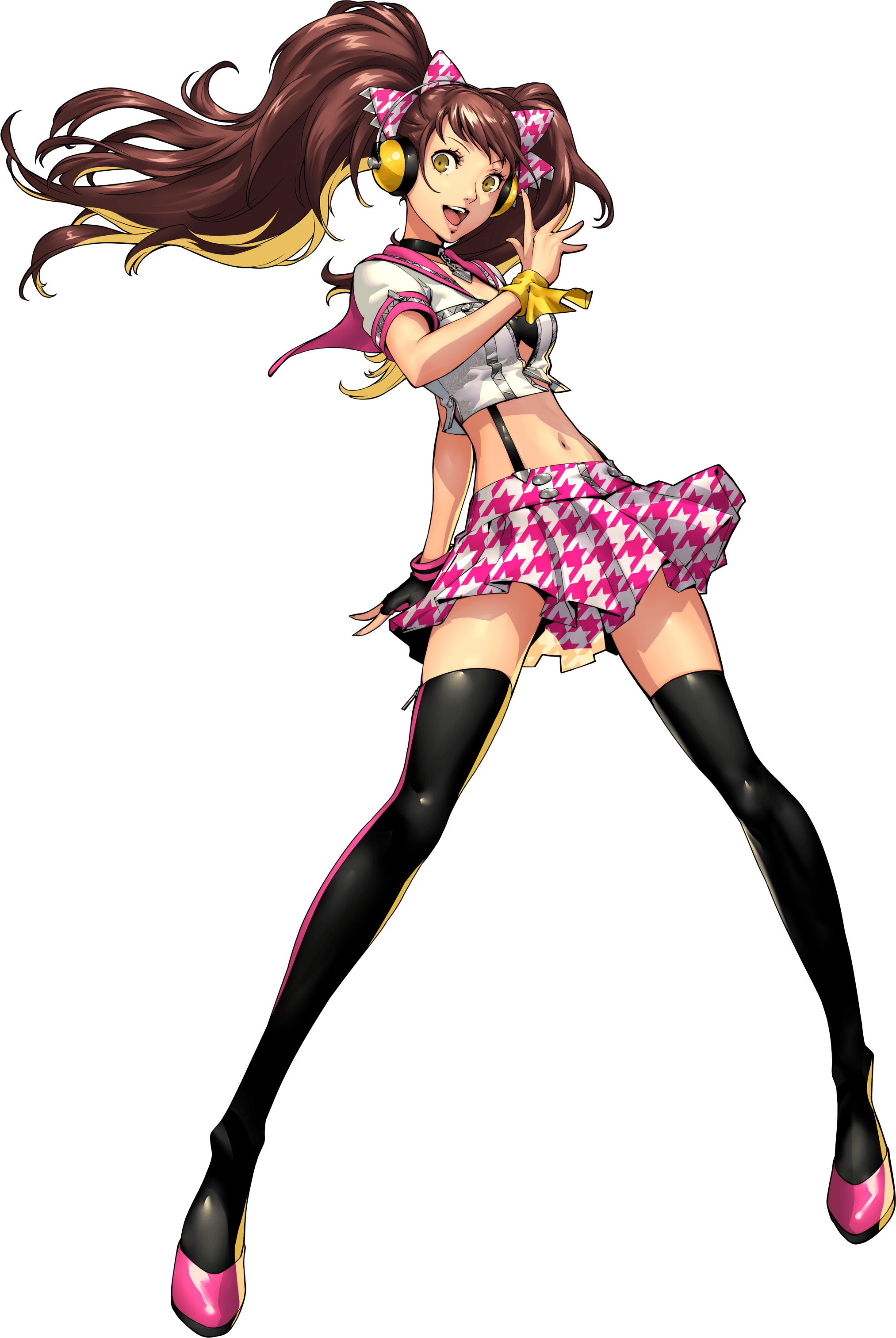 kujikawa rise, persona, persona 4, persona 4: dancing all night, persona dancing, absurdres, highres, official art, third-party source, 1girl, breasts, brown eyes, brown hair, gloves, headphones, high heels, long hair, looking at viewer, navel, oribe hanako, simple background, single glove, skirt, solo, thighhighs, transparent background, twintails, white background, zettai ryouiki