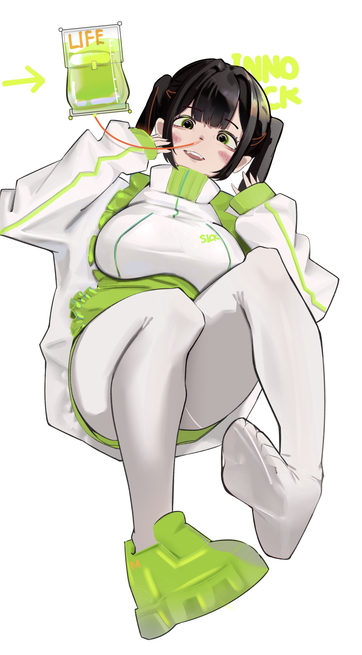 innosick, original, highres, feet, intravenous drip, jacket, jersey, jersey maid, legs, maid, medicine, pantyhose, shoes, sneakers, soles, track jacket, track suit, twintails, unconventional maid, white pantyhose