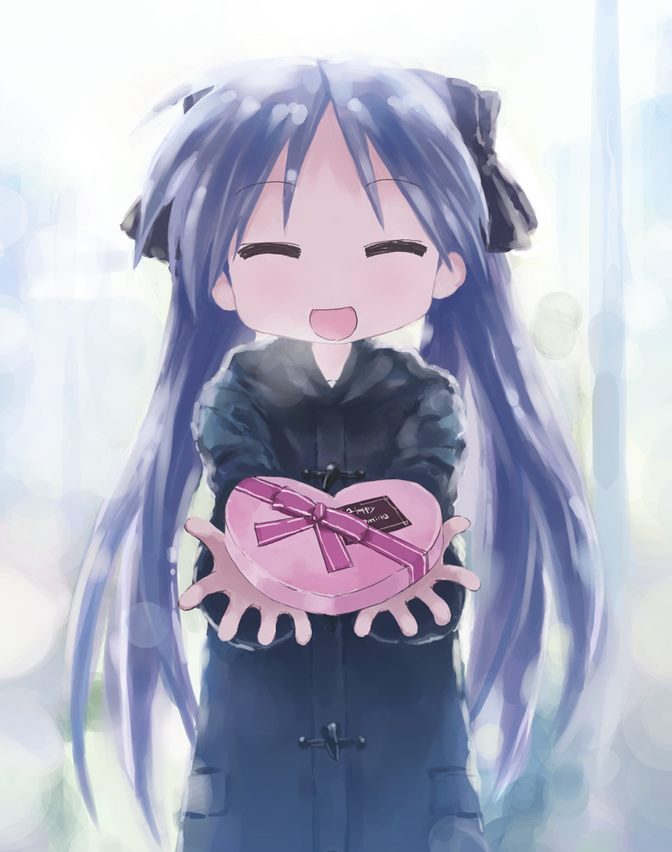 isou nagi, hiiragi kagami, lucky star, bad id, bad pixiv id, 00s, 1girl, blue hair, closed eyes, coat, female focus, gift, hair ribbon, holding, holding gift, incoming gift, jacket, long hair, purple hair, ribbon, smile, solo, twintails, valentine