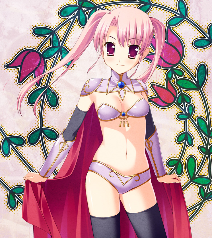 yamakaze, yamakaze ran, original, bad id, bad pixiv id, 1girl, armor, bandeau, bikini, bikini armor, black thighhighs, blush, breasts, brooch, cape, cleavage, detached sleeves, female focus, flower, jewelry, long hair, navel, pauldrons, pink eyes, pink hair, shoulder armor, smile, solo, strapless, swimsuit, thighhighs, tube top, turtleneck, twintails