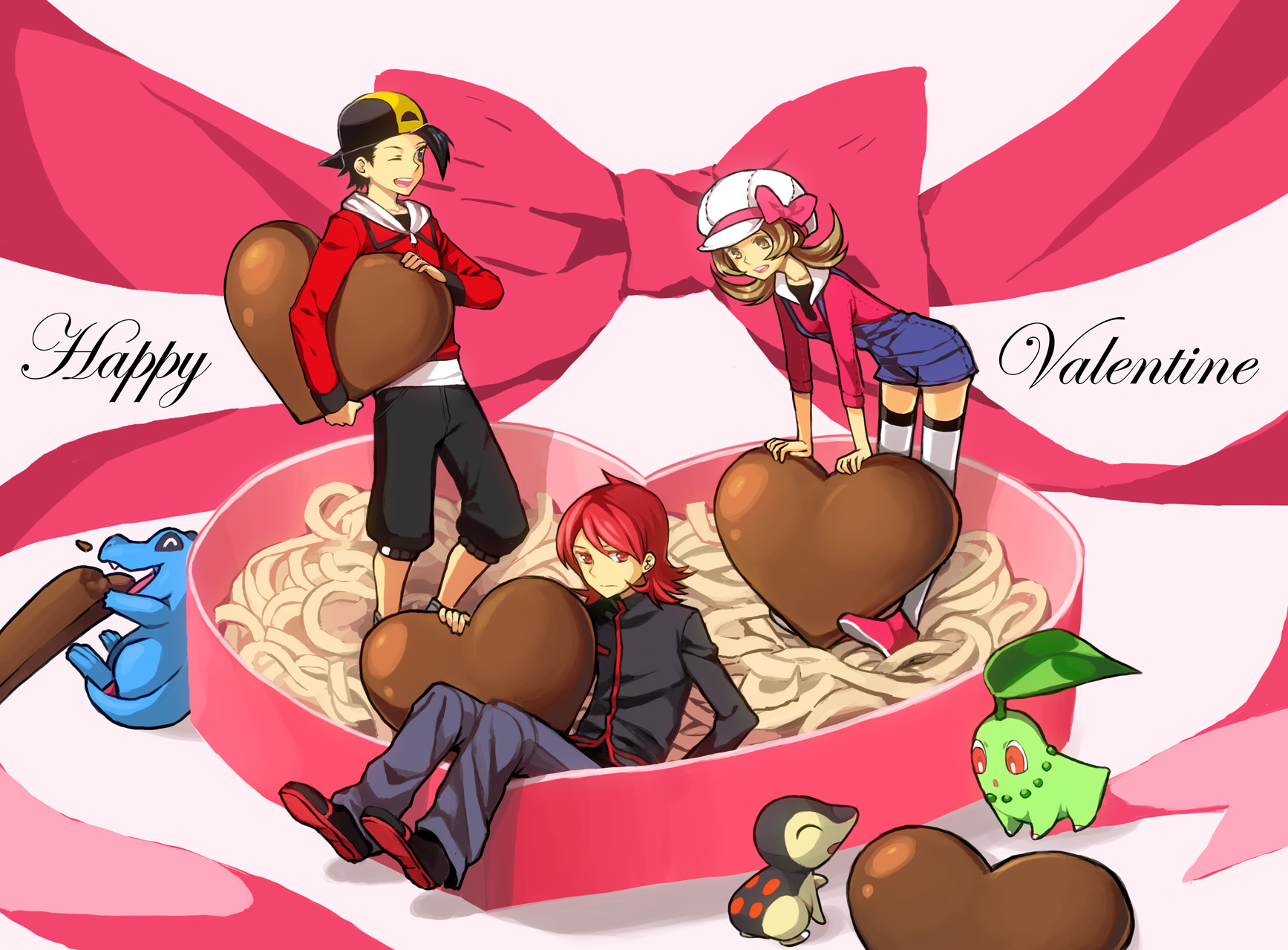 cezaria, chikorita, cyndaquil, ethan (pokemon), lyra (pokemon), silver (pokemon), totodile, nintendo, pokemon, pokemon hgss, bad id, bad pixiv id, highres, 00s, 1girl, 2boys, alternate costume, chocolate, gen 2 pokemon, happy valentine, hat, heart, leaning forward, multiple boys, one eye closed, pokemon (creature), ribbon, starter pokemon trio, valentine, wink