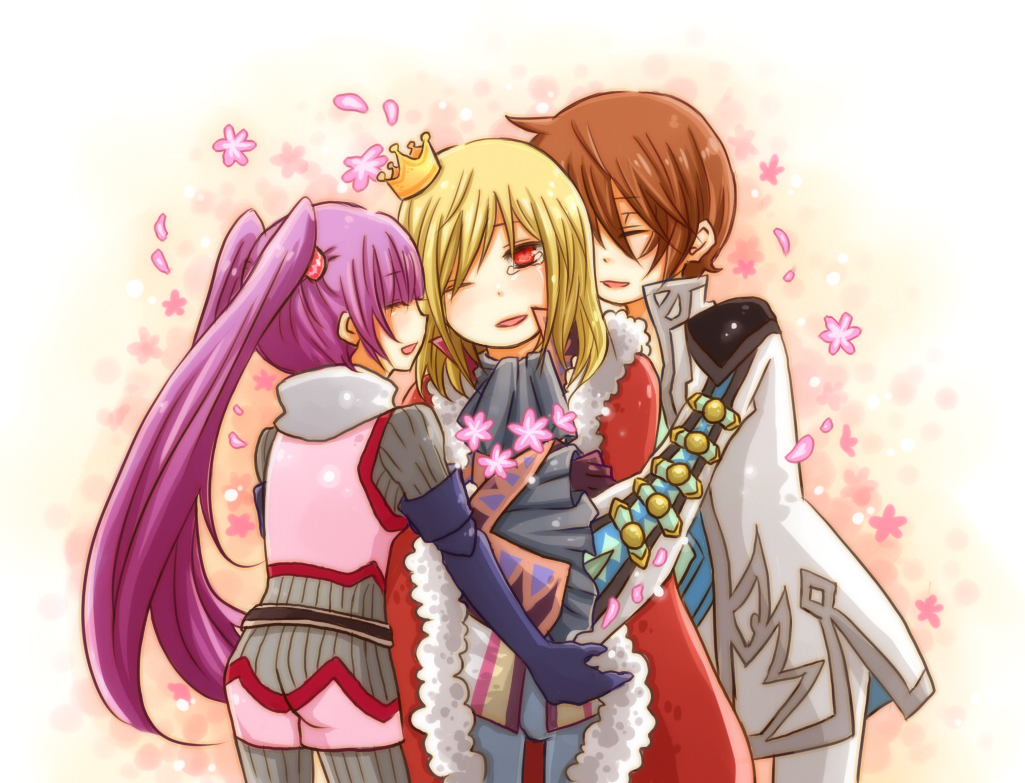 natsuki (pixiv357819), natsuki (zaqsd), asbel lhant, richard (tales), sophie (tales), tales of (series), tales of graces, 1girl, 2boys, blonde hair, brown hair, hug, hug from behind, multiple boys, purple hair, red eyes, twintails