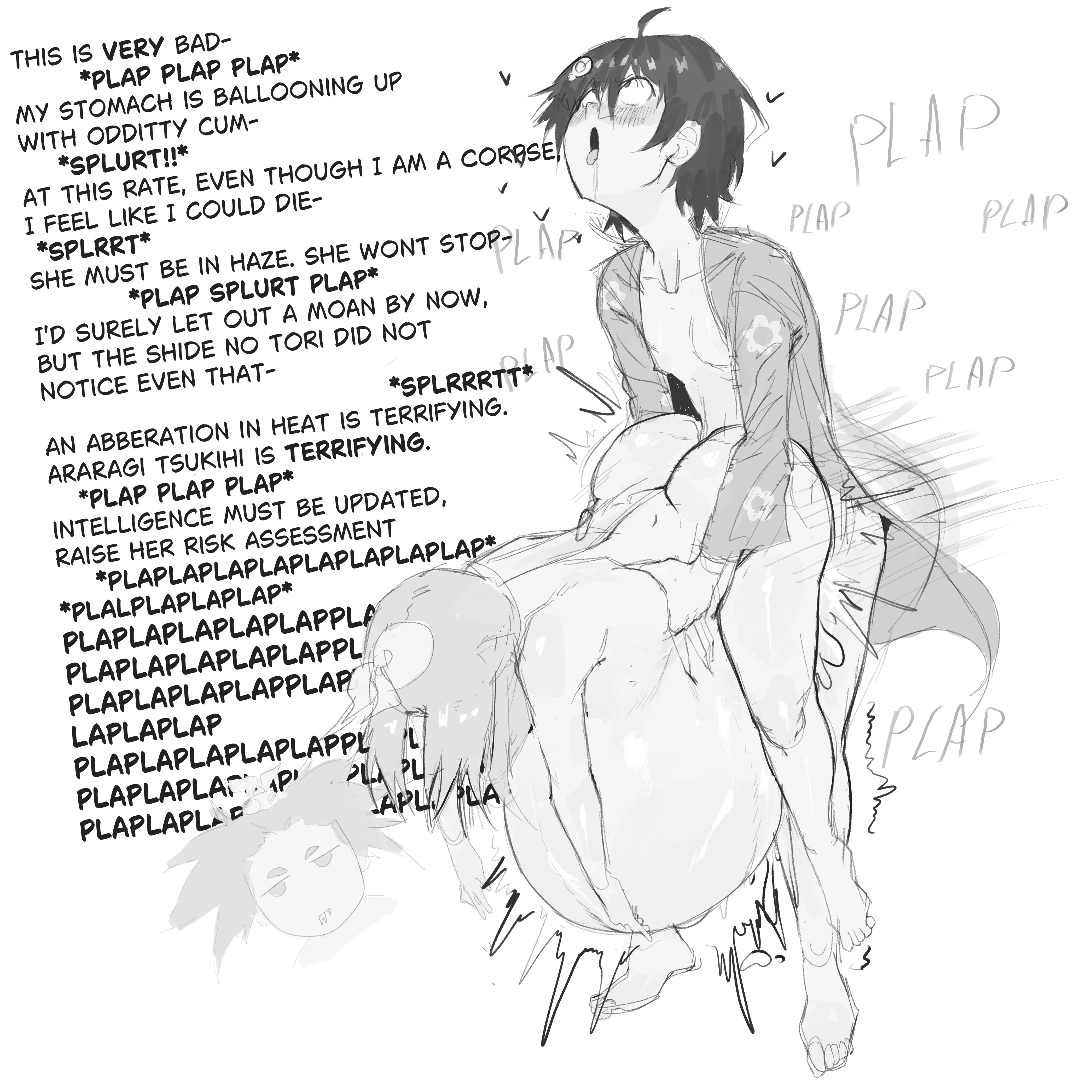 kyokeer, araragi tsukihi, ononoki yotsugi, monogatari (series), implied anal, ass, blush, cum, cum inflation, cum overflow, drooling, eyes rolling up, futanari, heart, huge ass, inflation, plap, sex, sex from behind, text focus, tongue, tongue out