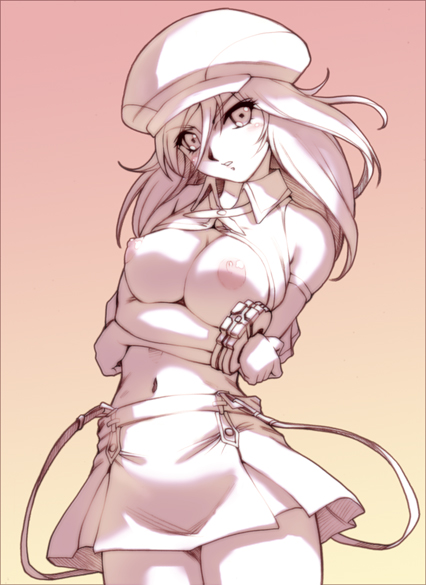 hisahiko, alisa ilinichina amiella, god eater, god eater burst, namco, 10s, 1girl, breasts, clothes lift, female focus, hat, large breasts, long hair, monochrome, nipples, no bra, pleated skirt, shirt lift, skirt, solo, suspender skirt, suspenders