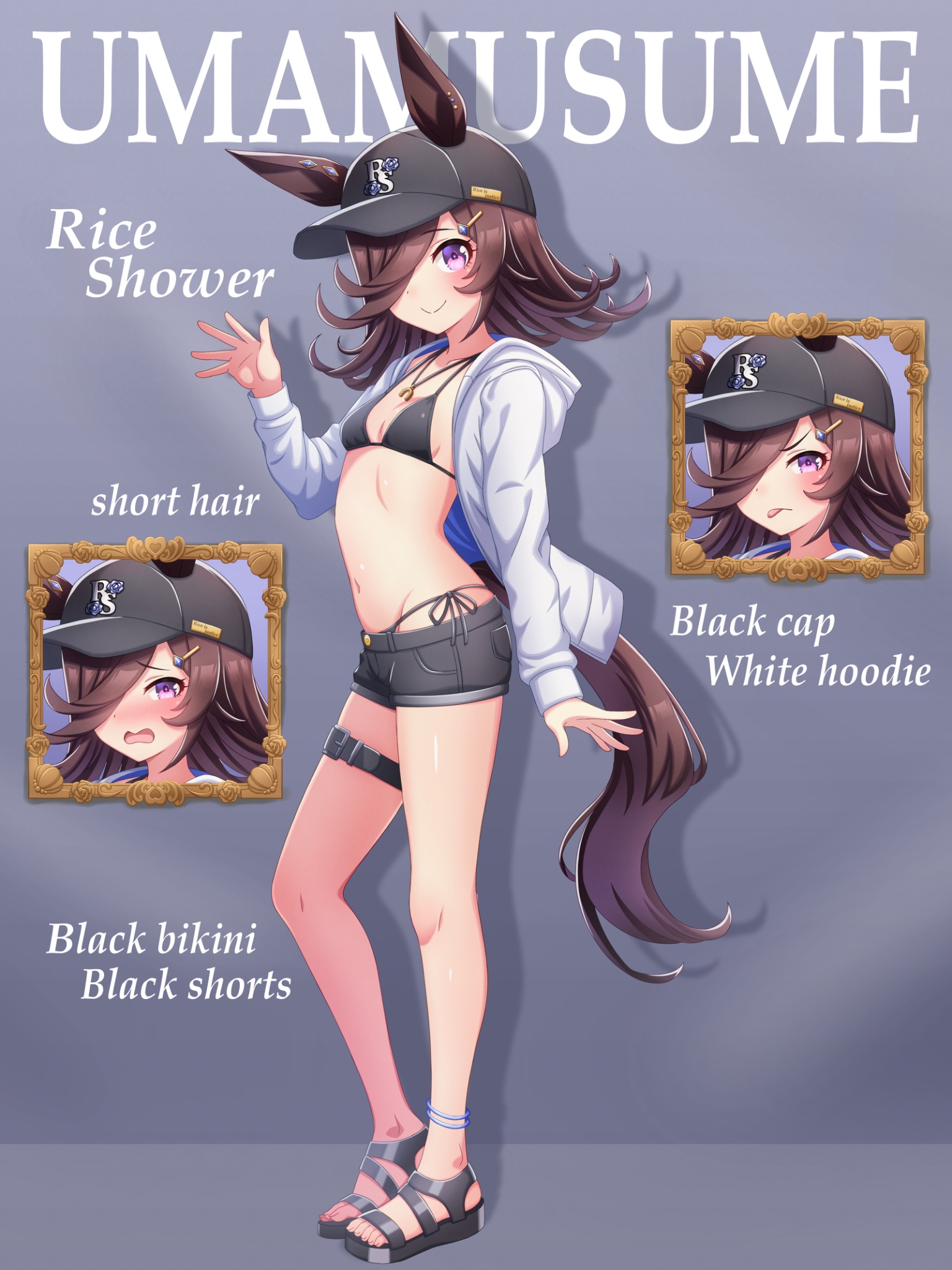 hokuyukis, rice shower (umamusume), umamusume, commentary, commentary request, highres, mixed-language commentary, 1girl, animal ears, baseball cap, bikini, black bikini, blush, breasts, brown hair, closed mouth, ears through headwear, english text, flipped hair, hair ornament, hair over one eye, hairclip, hat, hood, hood down, hooded jacket, hoodie, horse ears, horse girl, horse tail, jacket, jewelry, long hair, looking at viewer, navel, necklace, open clothes, open jacket, open mouth, purple eyes, sandals, small breasts, smile, stomach, swimsuit, tail, tongue, tongue out, white hoodie