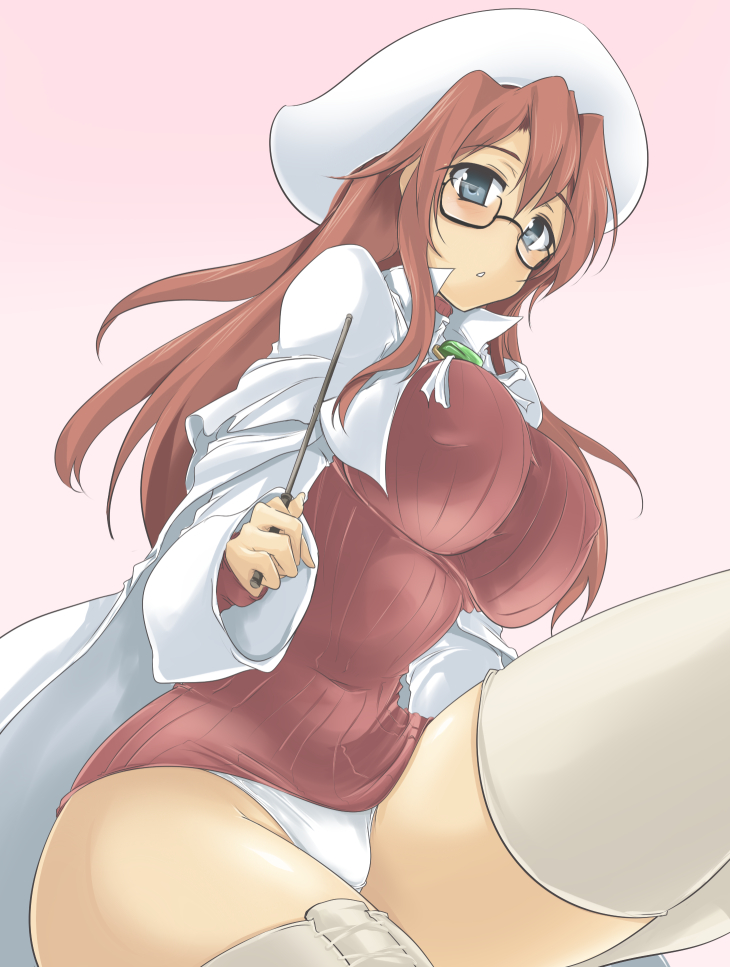 momio, aty, aty (summon night), summon night, summon night 2, summon night 3, bad id, bad pixiv id, 1girl, blue eyes, bottomless, breasts, curvy, female focus, glasses, grey eyes, hat, hip focus, huge breasts, impossible clothes, impossible shirt, long hair, panties, pointer, red hair, shirt, shortened garment, solo, thick thighs, thighhighs, thighs, underwear, wand, wide hips
