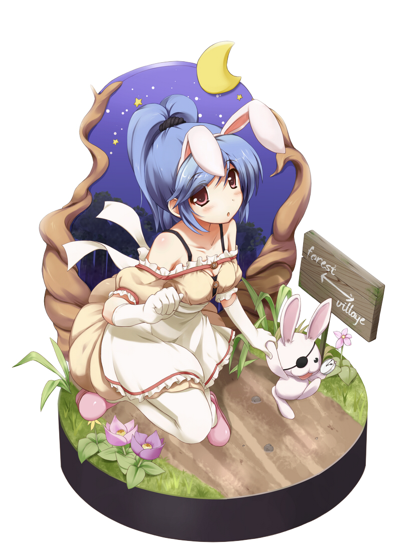 utamaru (konomix), original, 1girl, animal ears, blue hair, blush, dress, eyepatch, faux figurine, female focus, flower, gloves, long hair, moon, rabbit, rabbit ears, red eyes, solo