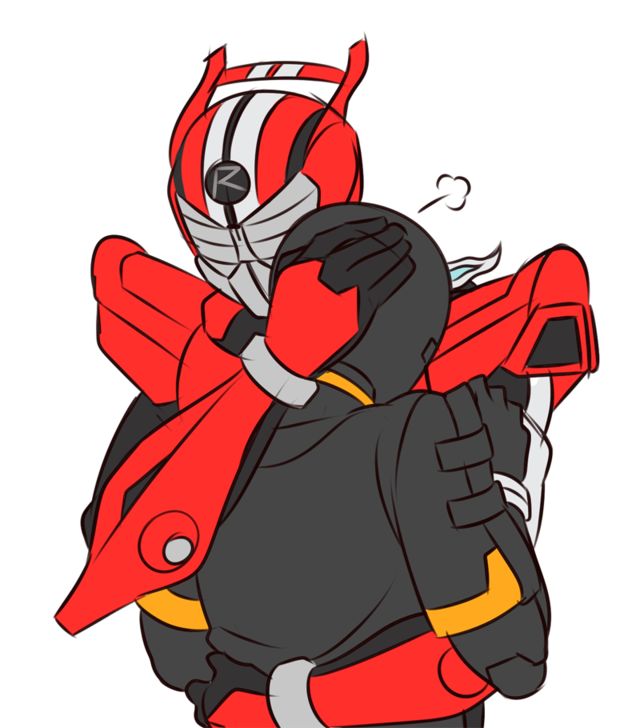 kamen rider ghost, kamen rider, kamen rider drive (series), kamen rider ghost (series), 2boys, armor, black armor, car, comforting, ghost, headlights, helmet, hug, jacket, male focus, mask, masked, masked male, motor vehicle, multiple boys, orange armor, red armor, spoiler (automobile)