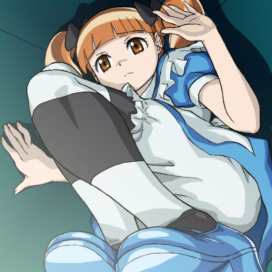 hajime (caramel toone), alice (alice in wonderland), yumeno uta, alice's adventures in wonderland, my melody (series), sanrio, 1girl, alice (alice in wonderland) (cosplay), cosplay, female focus, gradient background, orange hair, solo, striped clothes, striped thighhighs, thighhighs, twintails