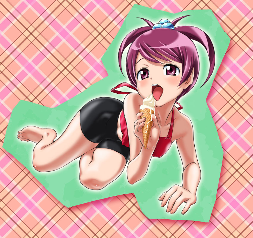 hajime (caramel toone), hoshizuki kirara, my melody (series), onegai my melody, onegai my melody kirara, sanrio, 00s, 1girl, antenna hair, barefoot, bike shorts, blush, checkered background, feet, female focus, food, hair bobbles, hair ornament, ice cream, licking, open mouth, sexually suggestive, shorts, solo, tongue