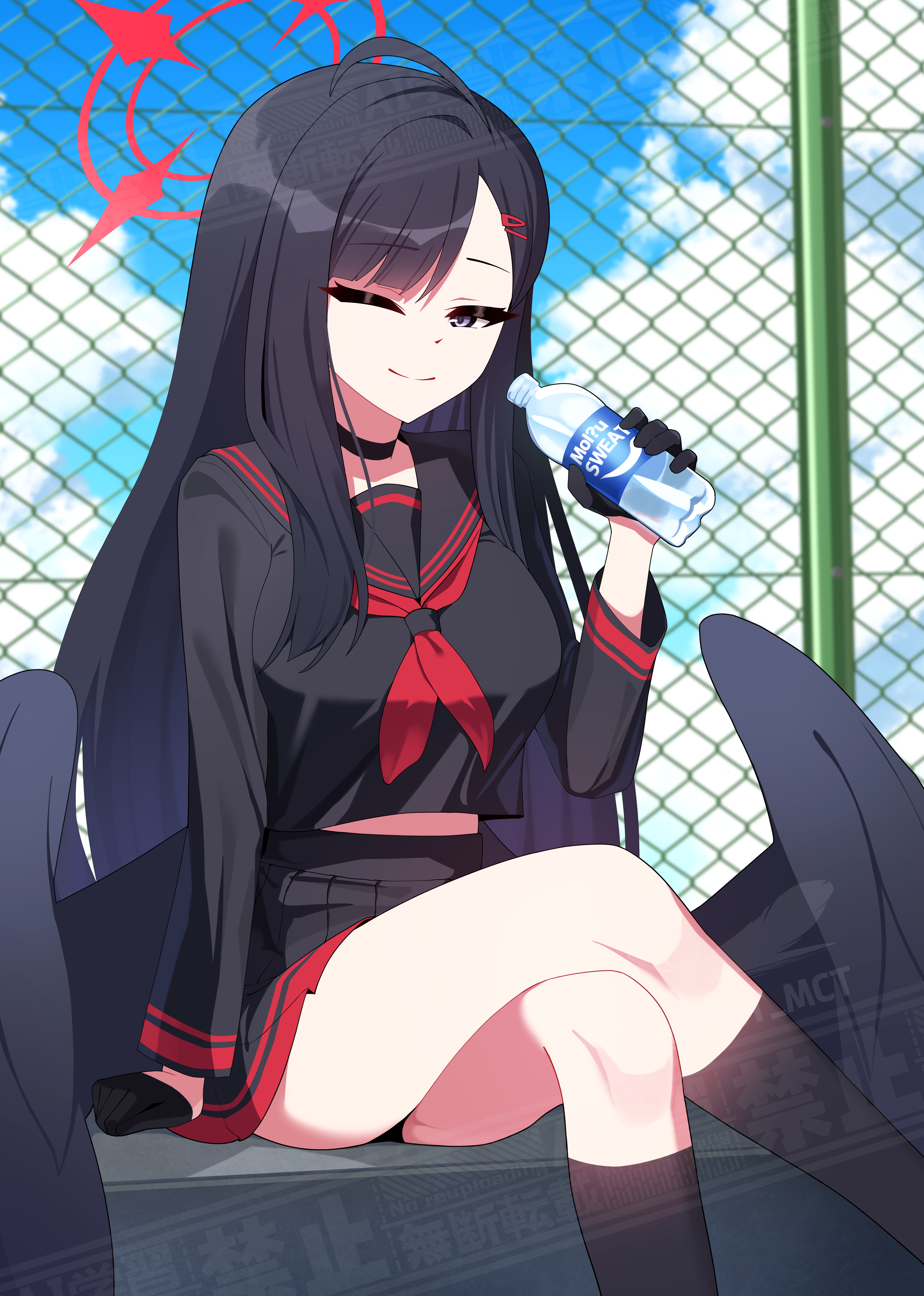tost (cloi123), ichika (blue archive), blue archive, absurdres, commentary, highres, 1girl, ahoge, black hair, black serafuku, black socks, black wings, blue eyes, chain-link fence, crossed legs, feet out of frame, fence, halo, long hair, midriff, one eye closed, pleated skirt, school uniform, serafuku, sitting, skirt, socks, solo, unusually open eyes, watermark, wings