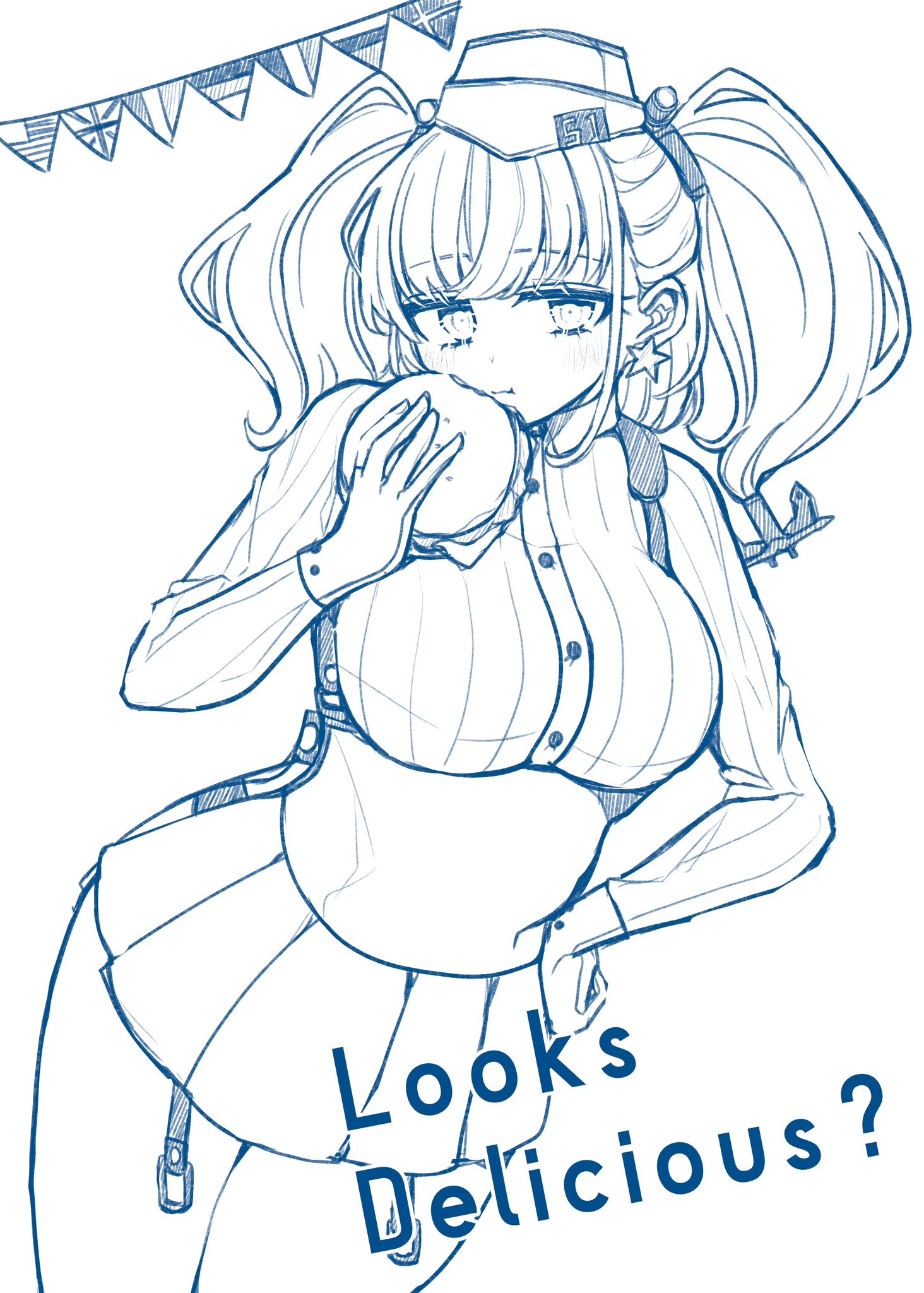 nagi kantai114, atlanta (kancolle), kantai collection, commentary request, highres, 1girl, anchor hair ornament, blue theme, blush, breasts, burger, earrings, eating, english text, flag, food, garrison cap, hair ornament, hand on own hip, hat, headgear, holding, holding burger, holding food, jewelry, large breasts, monochrome, simple background, single earring, sketch, skirt, solo, star (symbol), star earrings, suspender skirt, suspenders, two side up