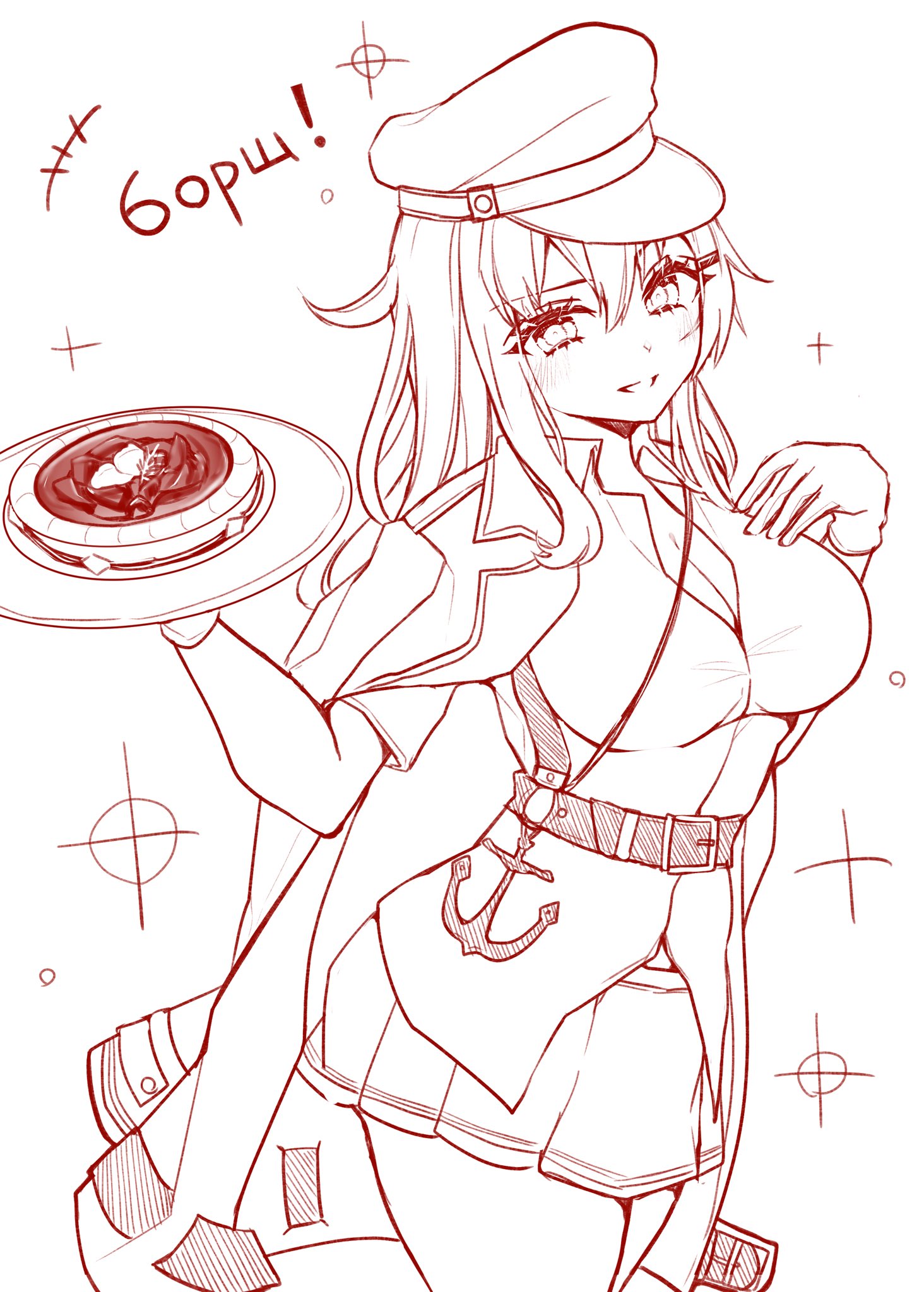 nagi kantai114, gangut (kancolle), kantai collection, commentary request, highres, translation request, +++, 1girl, belt, blush, breasts, cleavage, facial scar, food, gloves, hair between eyes, hair ornament, hairclip, hat, holding, holding plate, jacket, jacket on shoulders, large breasts, long hair, looking at viewer, monochrome, parted lips, plate, pleated skirt, red theme, russian text, scar, scar on cheek, scar on face, shirt, sketch, skirt, solo, sparkle