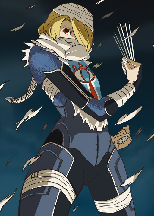 o-yuki, princess zelda, sheik, nintendo, the legend of zelda, the legend of zelda: ocarina of time, 1girl, androgynous, bandages, between fingers, blonde hair, braid, female focus, holding, long hair, mask, needle, ponytail, red eyes, reverse trap, sarashi, shreds, solo, surcoat