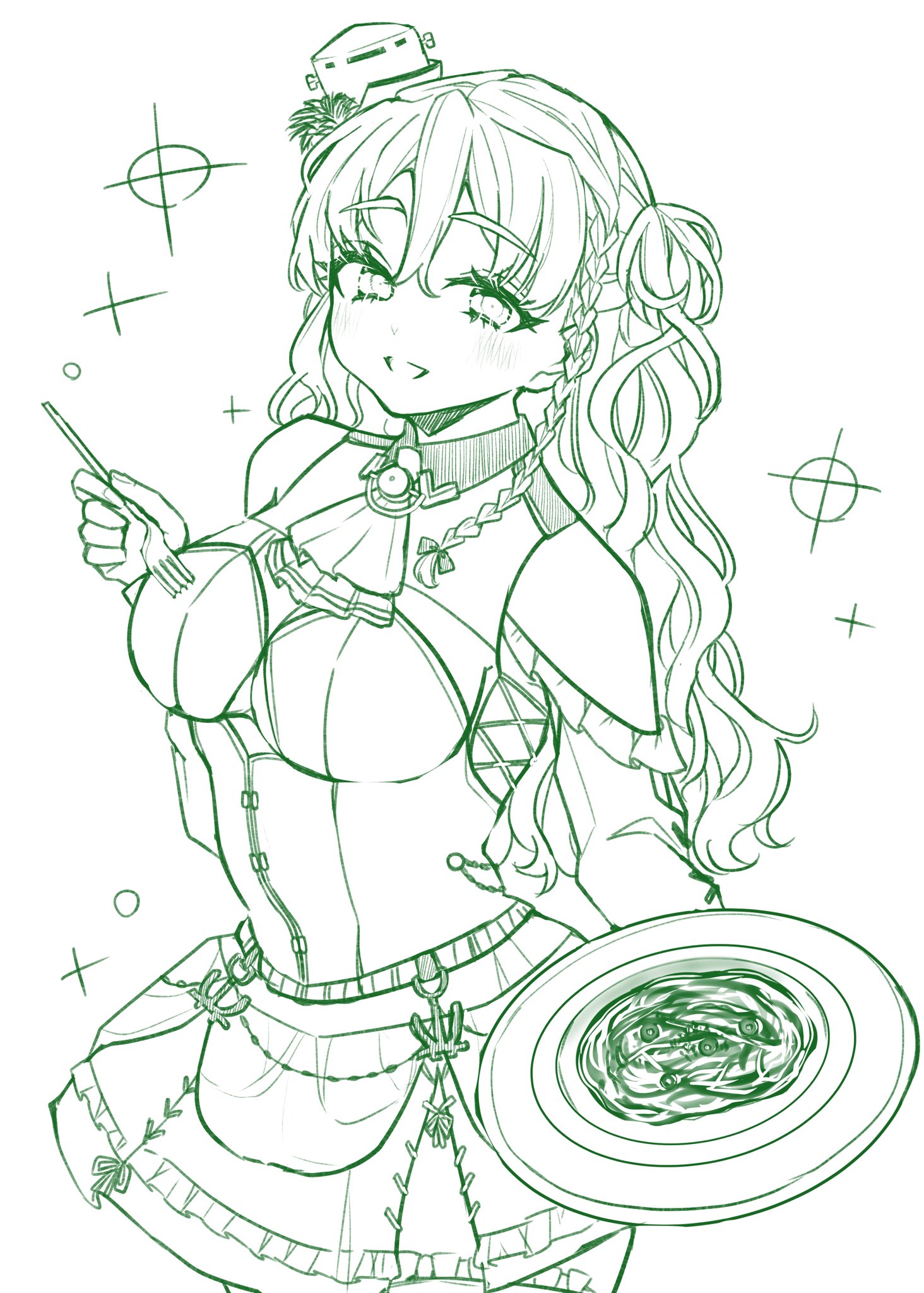 nagi kantai114, zara (kancolle), zara due (kancolle), kantai collection, commentary request, highres, 1girl, ascot, blush, braid, breasts, clothing cutout, eyelashes, food, fork, green theme, hat, holding, holding fork, holding plate, large breasts, long hair, long sleeves, looking at viewer, mini hat, monochrome, open mouth, plate, shoulder cutout, side braid, simple background, sketch, skirt, solo, sparkle, wavy hair
