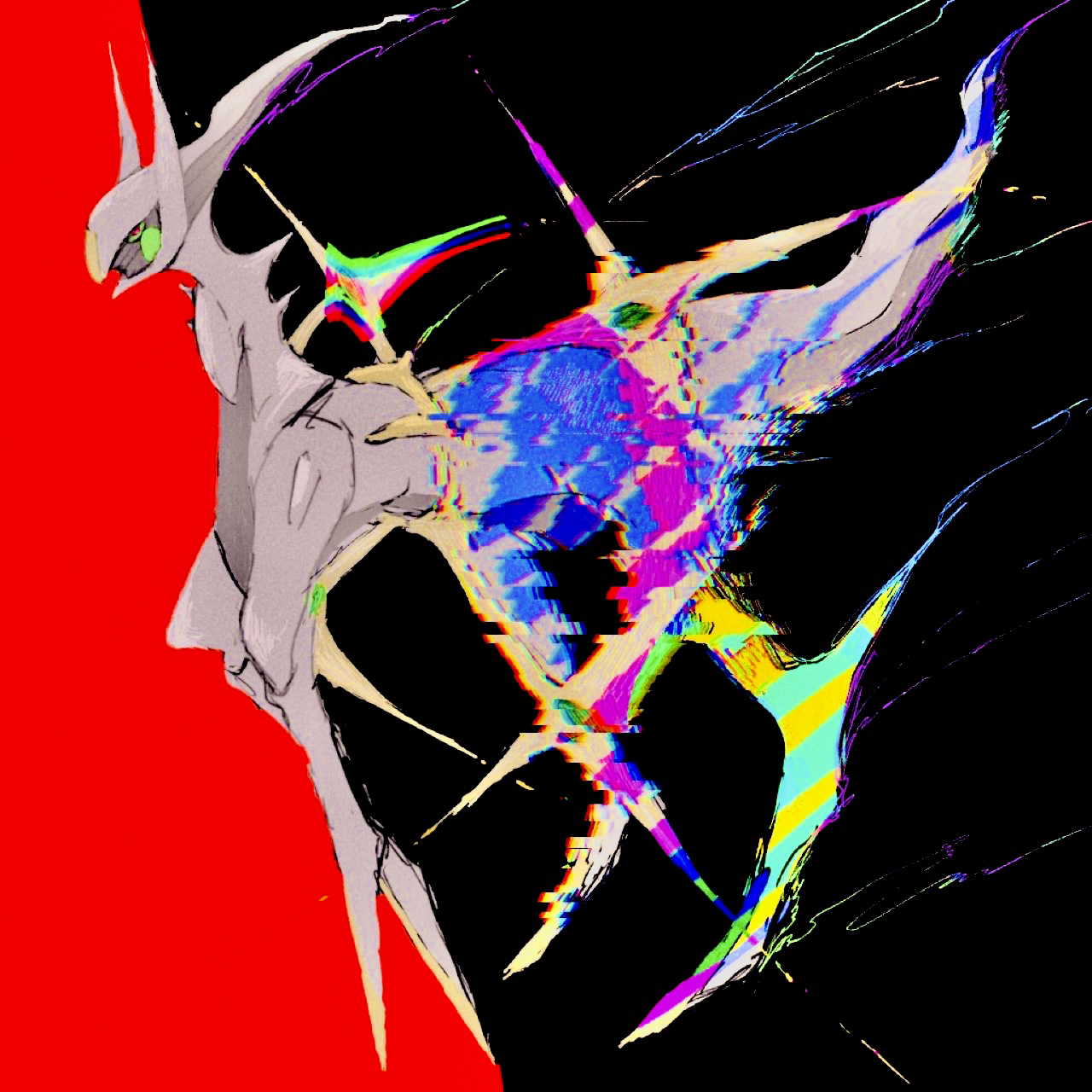 suu (225 zz5), arceus, nintendo, pokemon, commentary request, highres, black background, colored sclera, colored skin, gem, gen 4 pokemon, glitch, gold, green gem, green sclera, horns, legendary pokemon, mythical pokemon, no humans, pokemon (creature), pokemon focus, red background, red eyes, tail, white skin