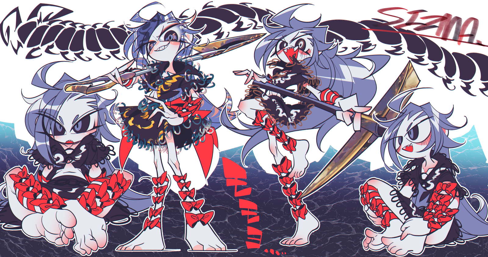 sizma, himemushi momoyo, touhou, commentary request, highres, 1girl, ahoge, artist name, barefoot, black shirt, black skirt, blush, bow, bug, centipede, crossed ankles, feet, full body, grey eyes, grin, hair bow, hand on own hip, holding, holding pickaxe, holding shovel, indian style, leg bow, long hair, looking at viewer, mountain, multiple hair bows, multiple views, open mouth, outline, pickaxe, purple hair, red bow, sharp teeth, shirt, shovel, sidelocks, sitting, skirt, smile, standing, standing on one leg, teeth